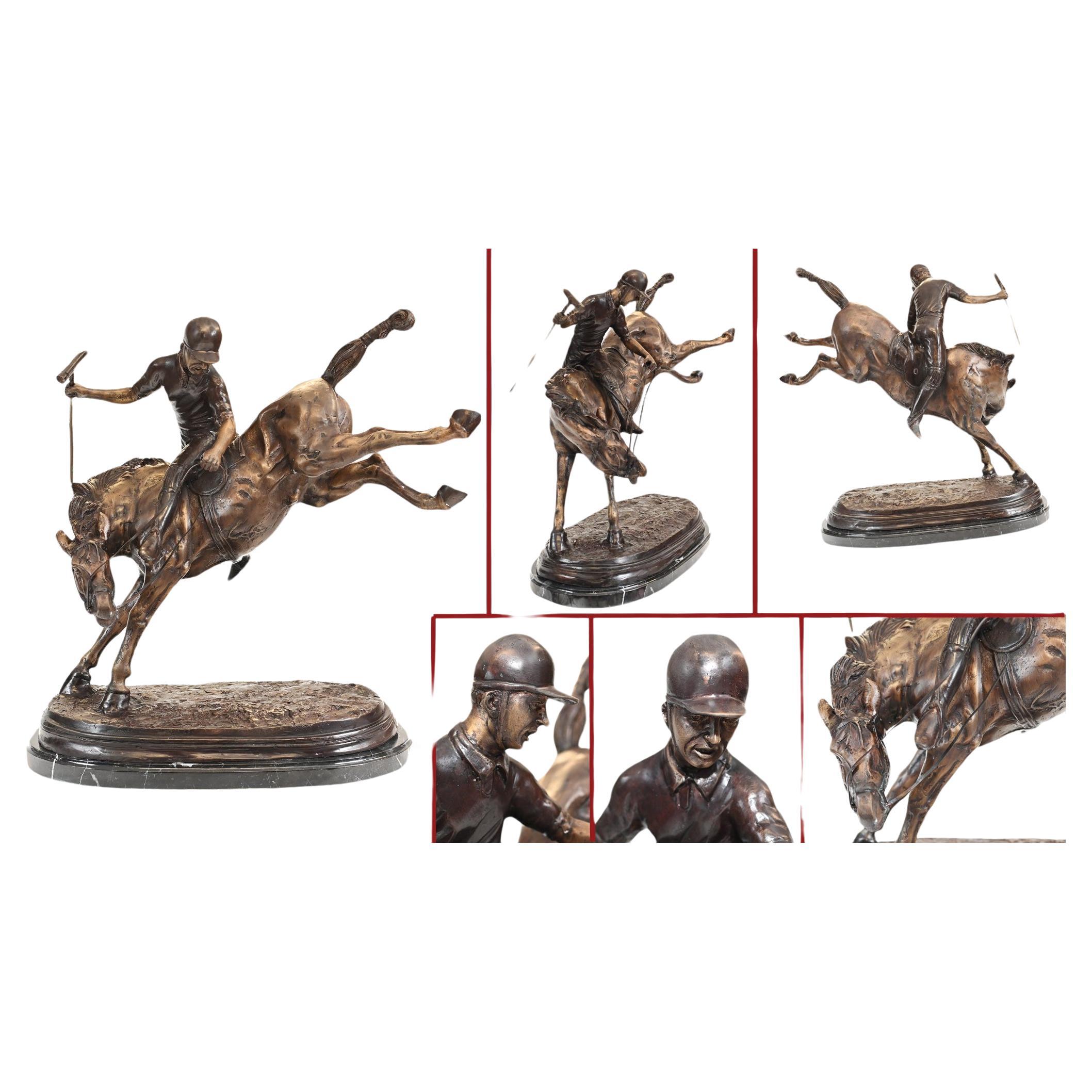 Bronze Polo Spieler Statue - Pferd Jockey Guss im Angebot