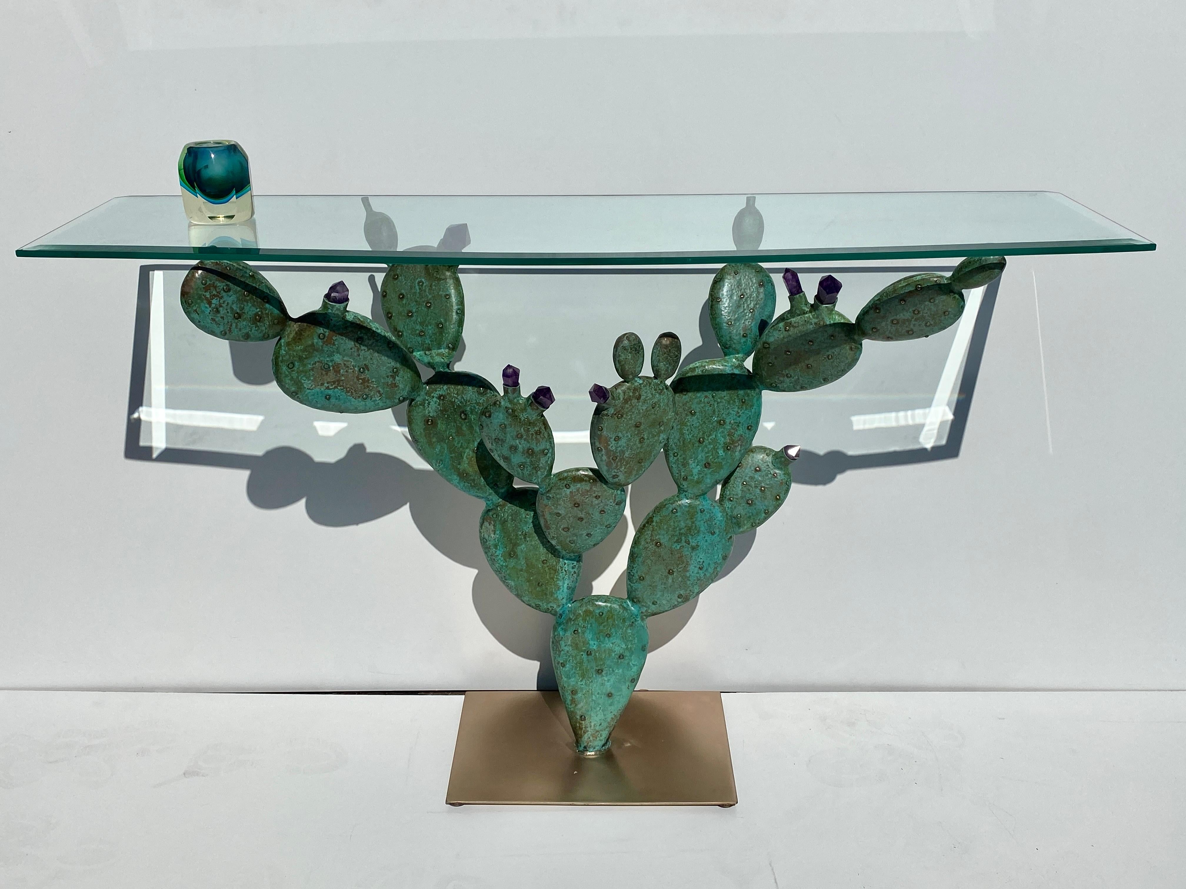Bronze Prickly Pear Cactus Console Table with Amethyst Crystals For Sale 8
