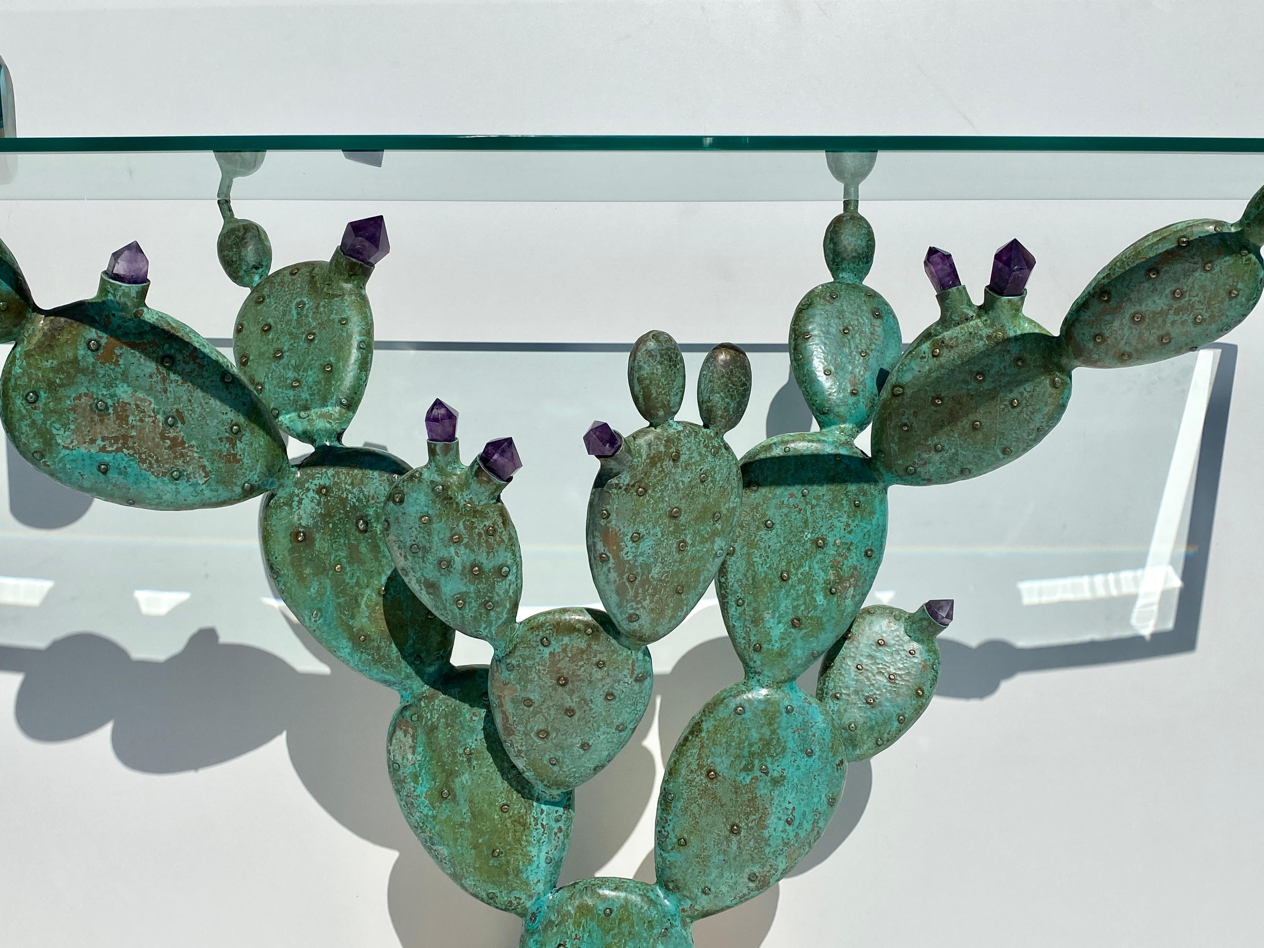 Bronze Prickly Pear Cactus Console Table with Amethyst Crystals For Sale 10