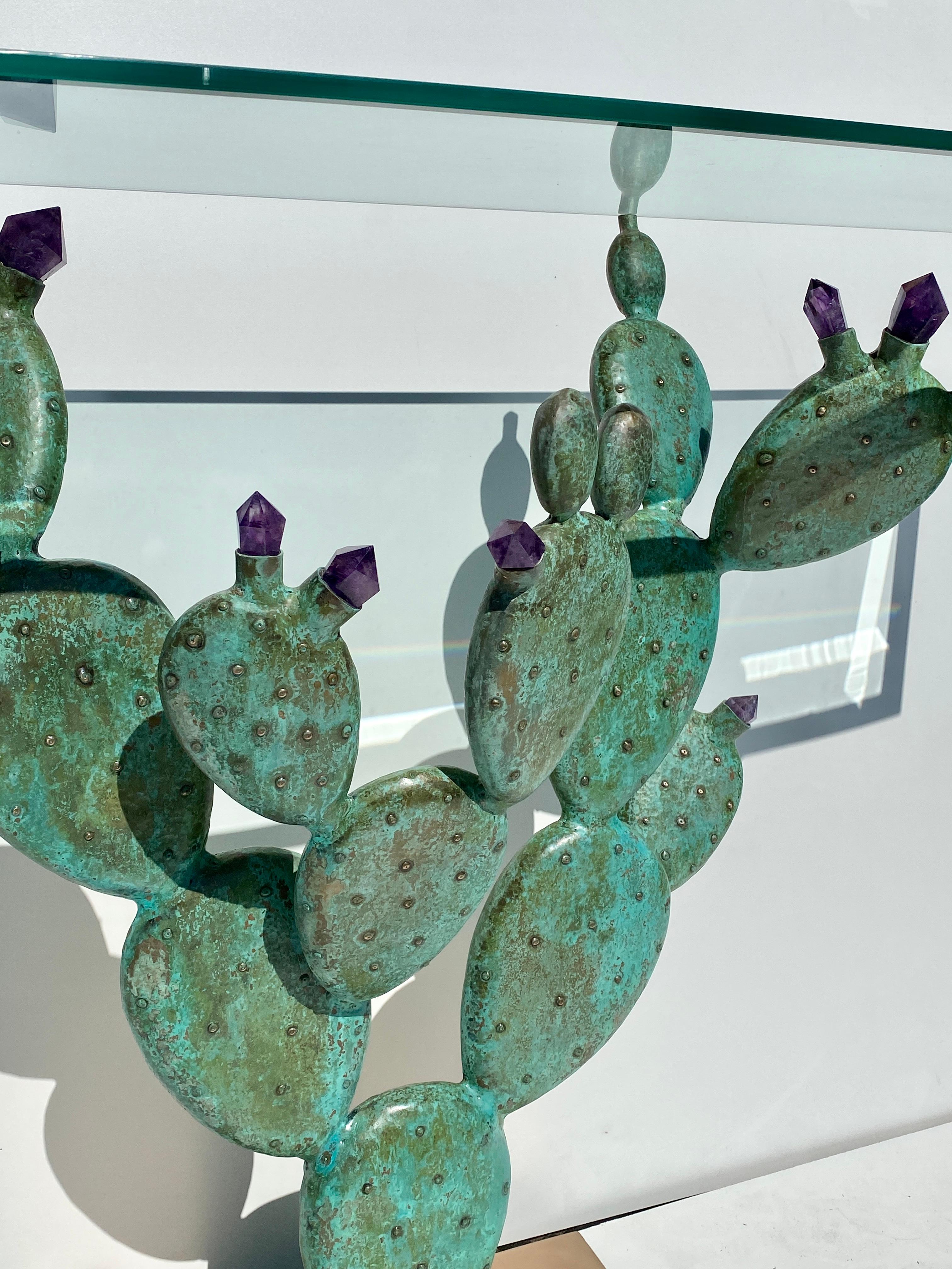 Bronze Prickly Pear Cactus Console Table with Amethyst Crystals For Sale 14