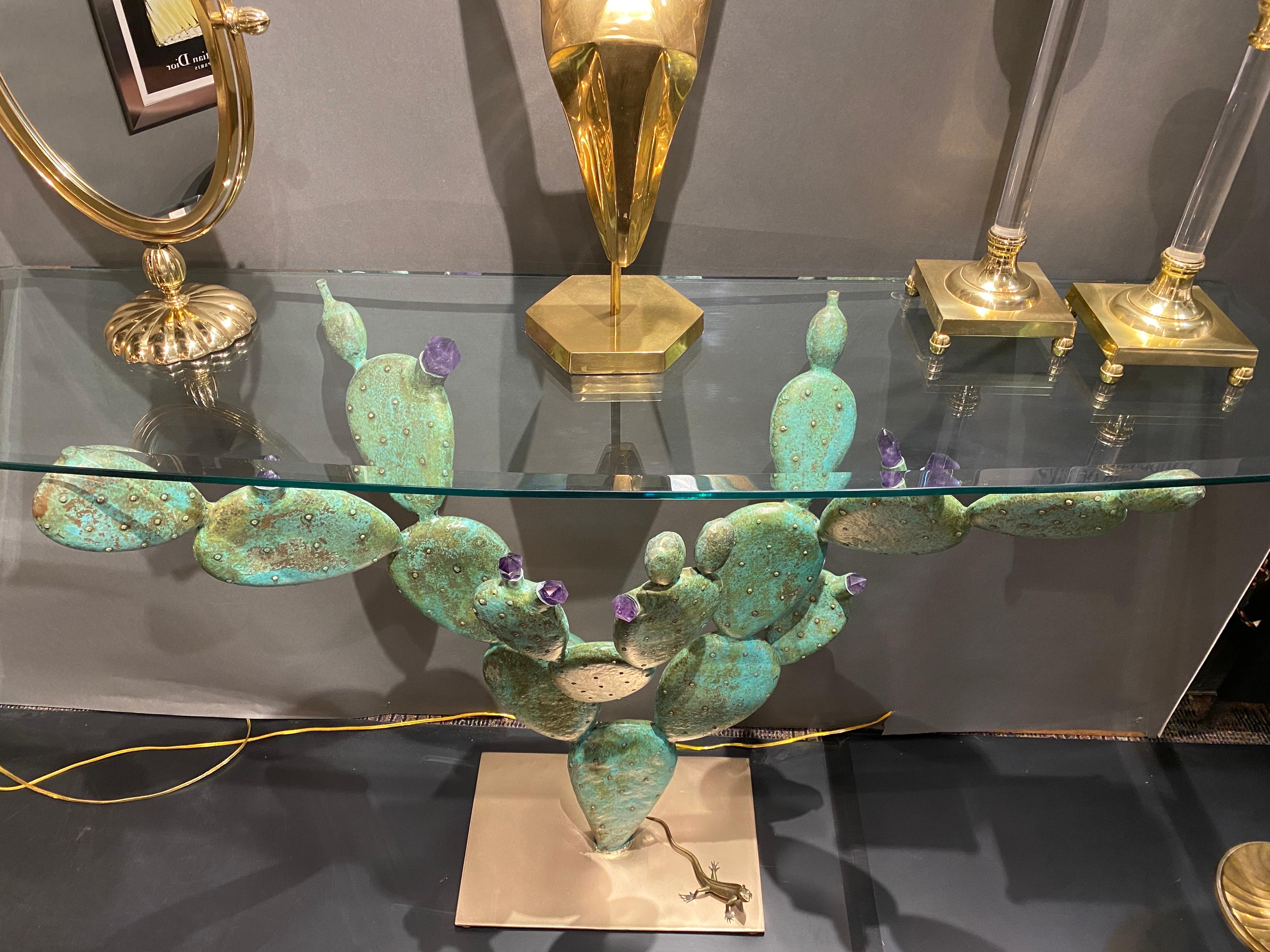 Contemporary Bronze Prickly Pear Cactus Console Table with Amethyst Crystals For Sale