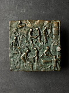 Bronze Push-Pull Door Handle with Craftsmen Motif, Mid-20th Century European