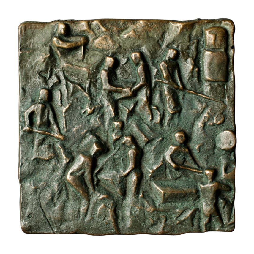 Bronze Push-Pull Door Handle with Craftsmen Motif, Mid-20th Century European