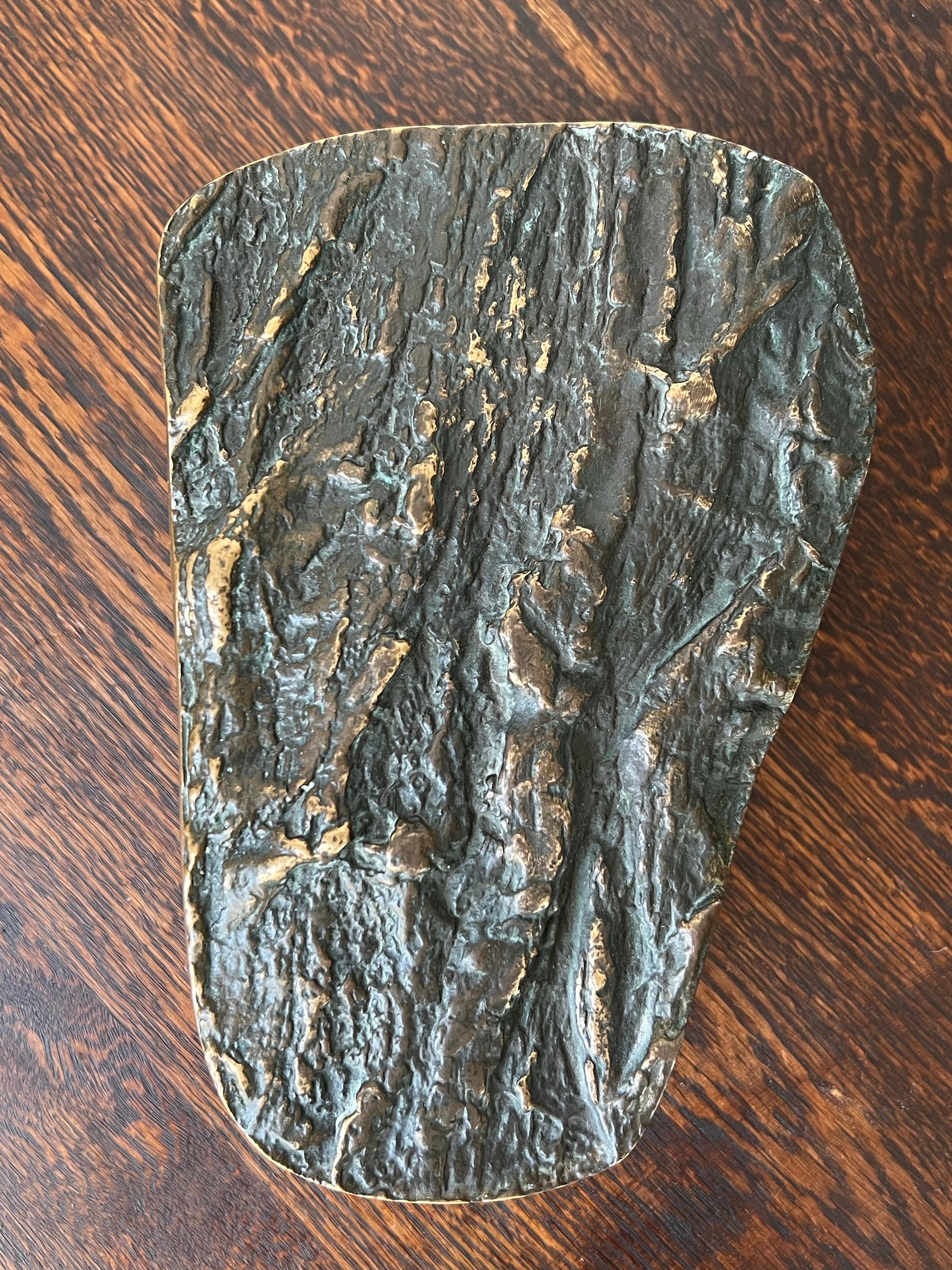 A large bronze push-pull door handle with raised pattern of tree bark or rock. Mid-to-late 20th century, European.

This is a heavy piece, made of cast and patinated bronze. We have not cleaned or polished the metal and it is offered as found. There