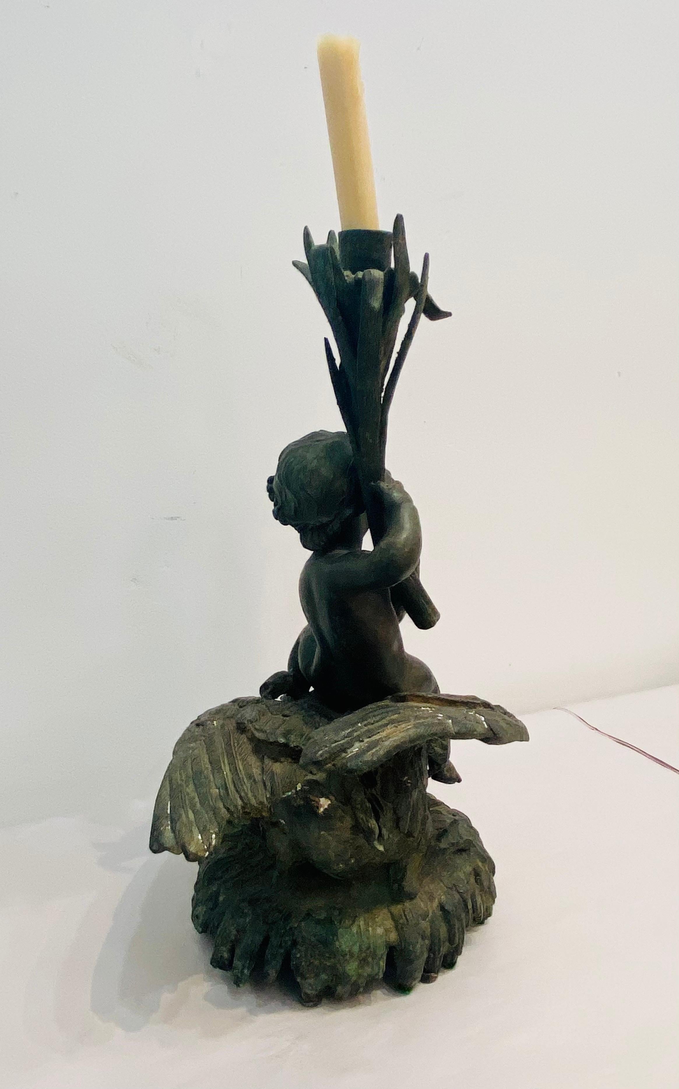 Neoclassical Revival Bronze Putti Riding a Swan Sculpture Candlestick