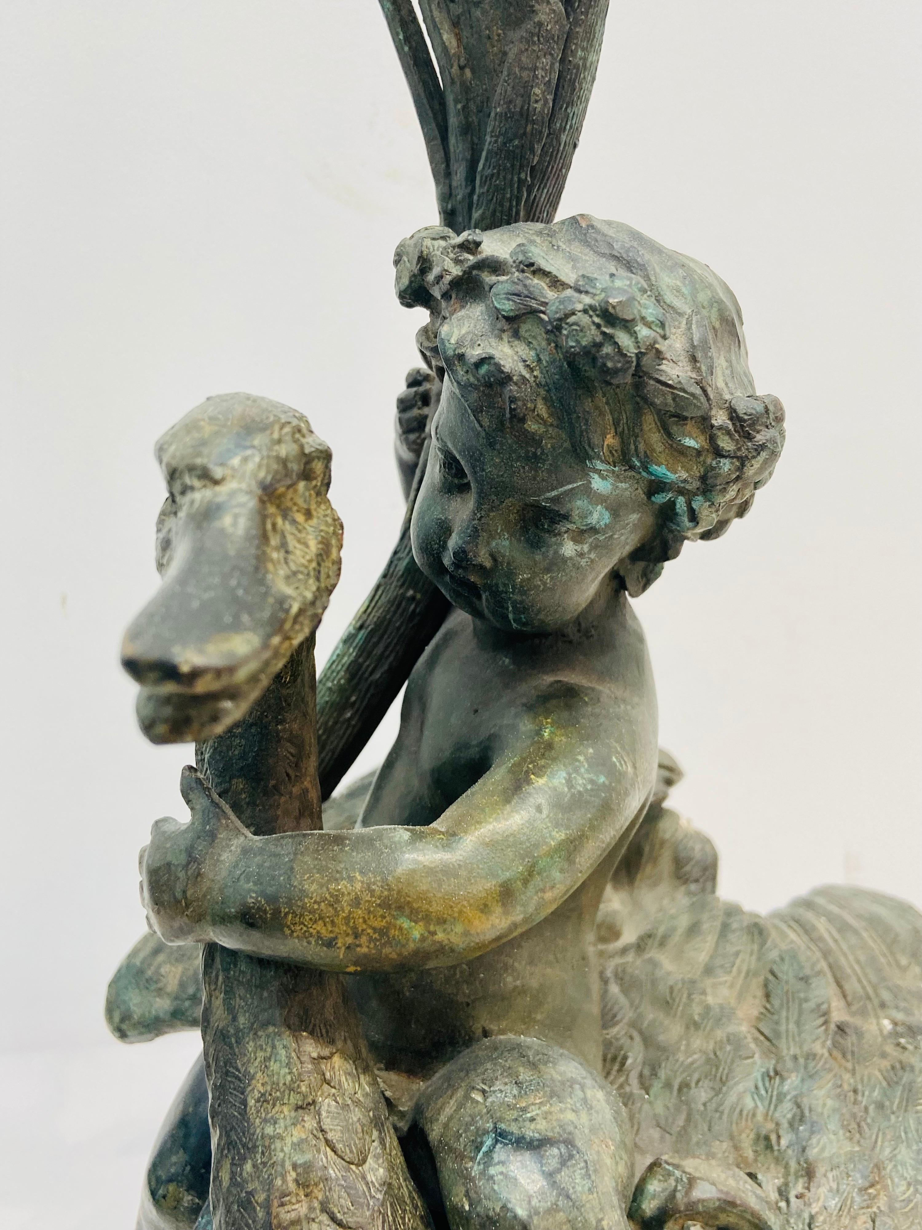 Cast Bronze Putti Riding a Swan Sculpture Candlestick