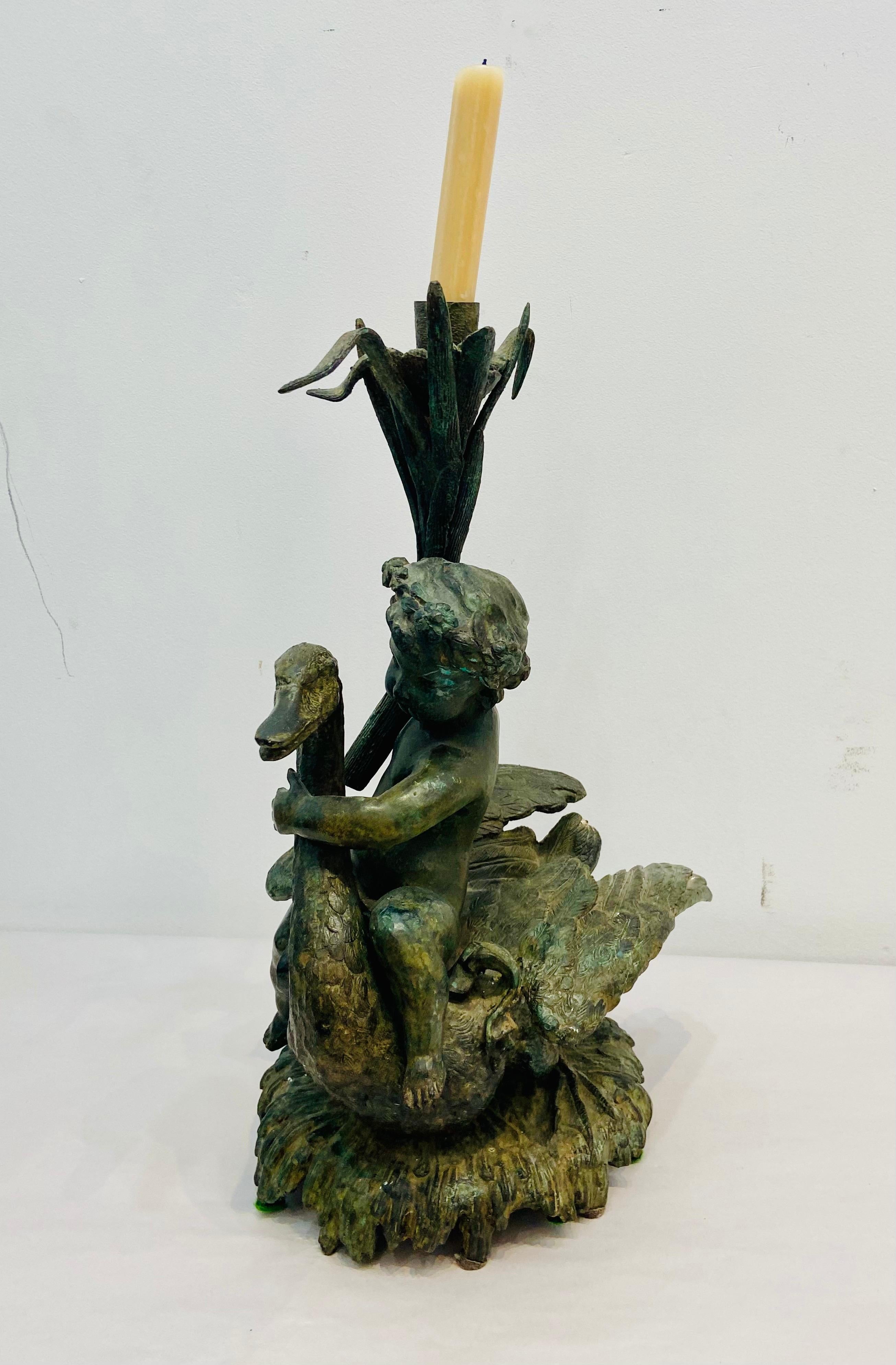 Bronze Putti Riding a Swan Sculpture Candlestick In Good Condition In West Palm Beach, FL