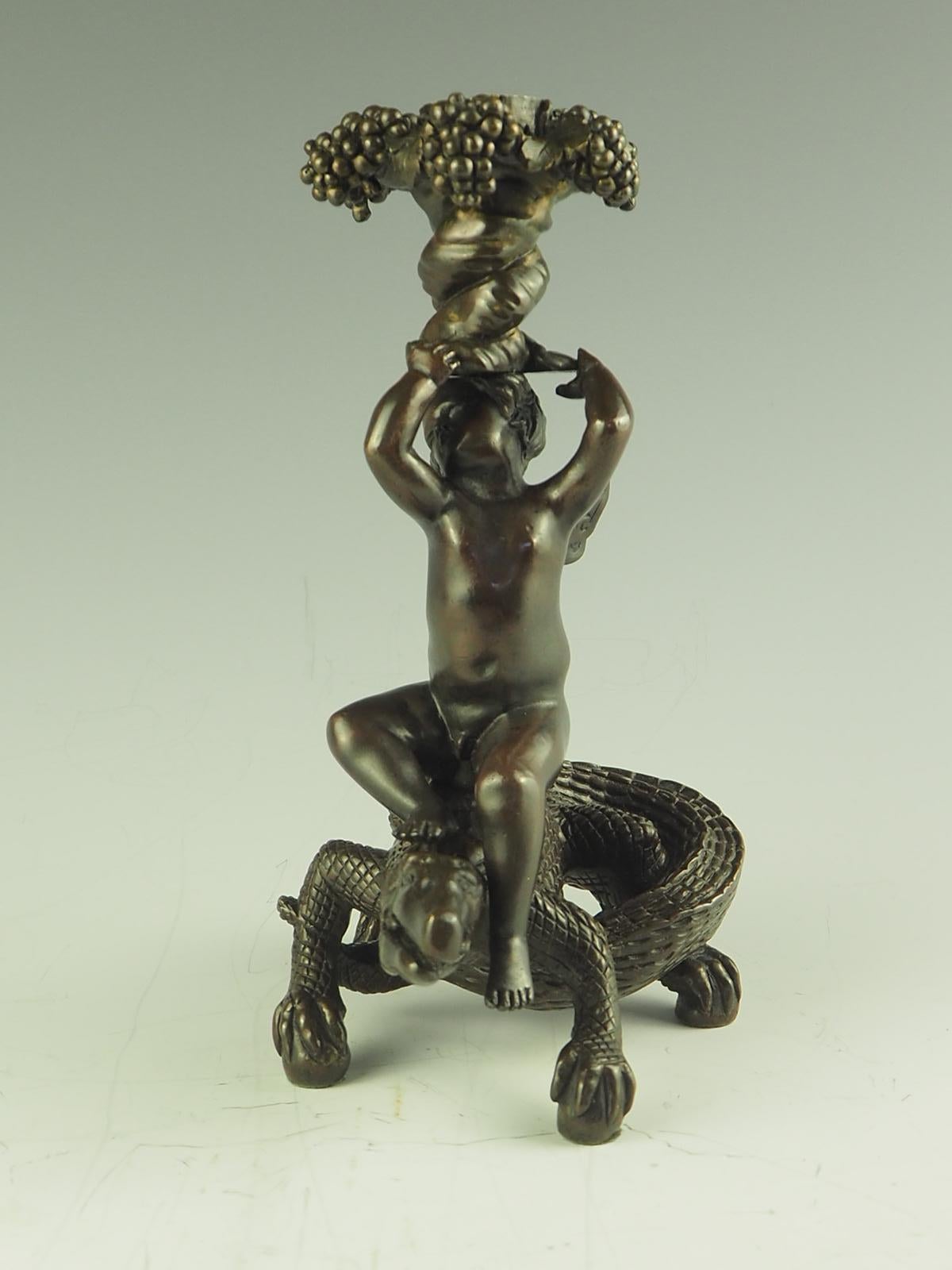 Bronze Putto Riding Crocodile Candlestick For Sale 2