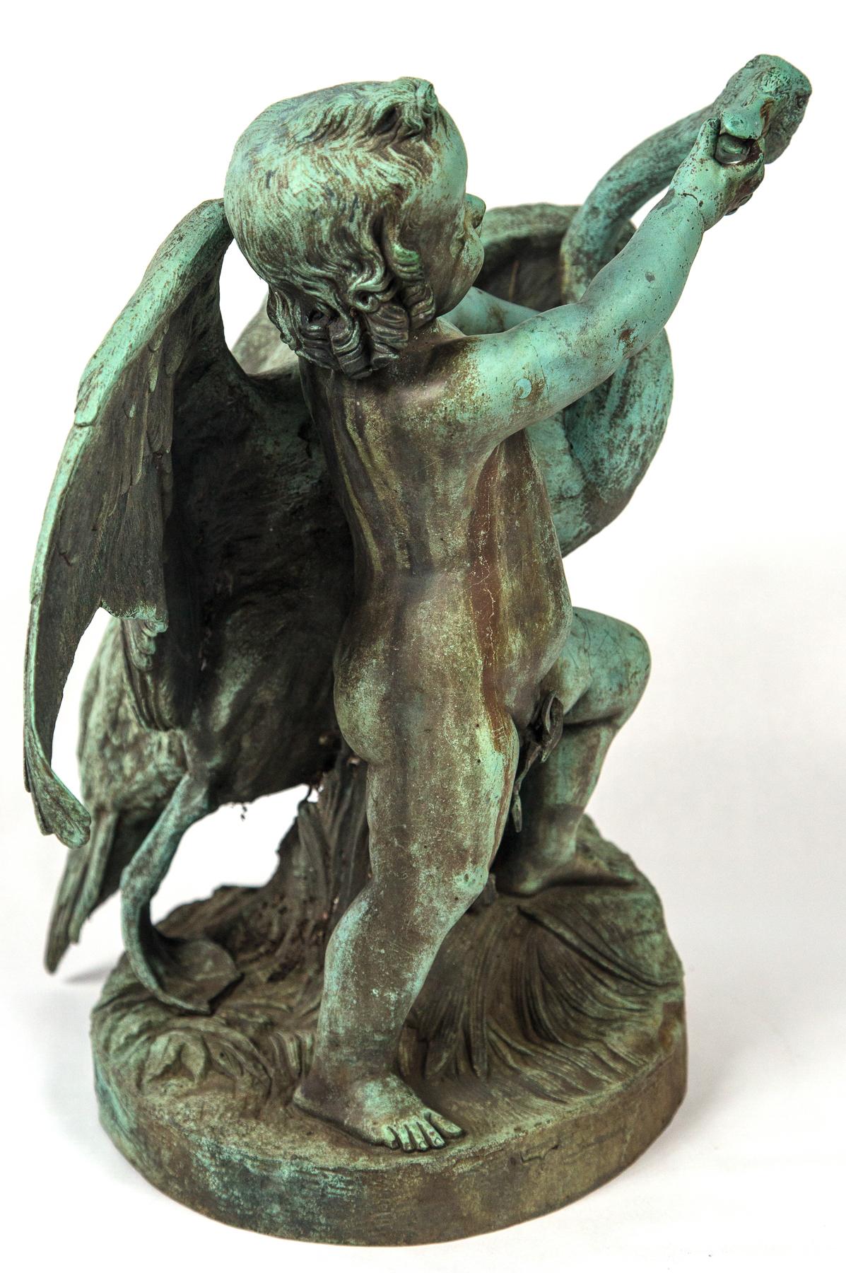 Bronze Putto  with a Swan Signed In Good Condition For Sale In Woodbury, CT