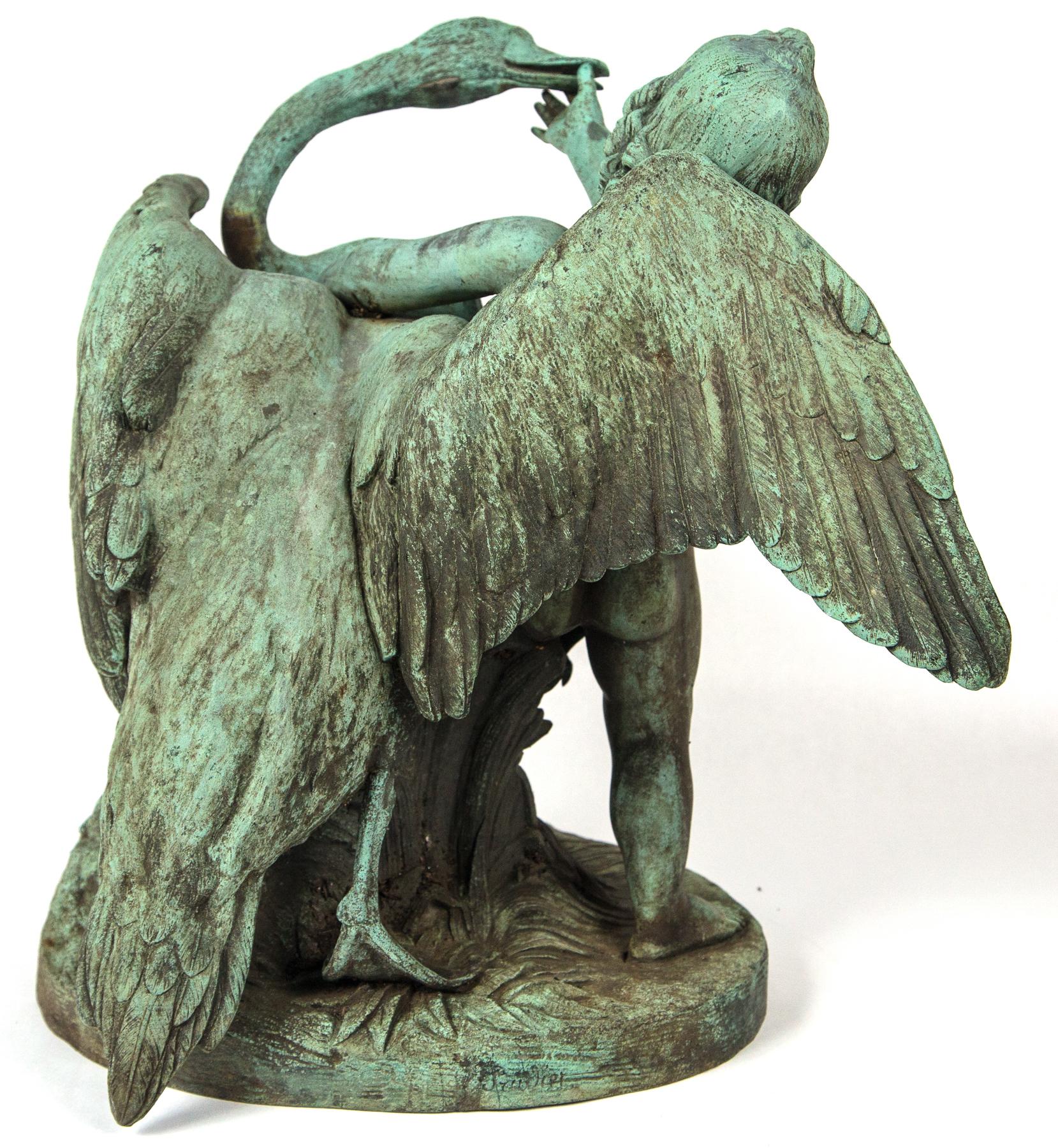 19th Century Bronze Putto  with a Swan Signed For Sale