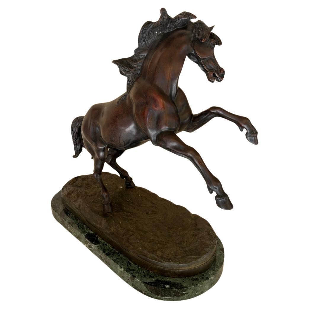 Bronze Rampant Horse with Green Marble Base Alps 1960/65 For Sale