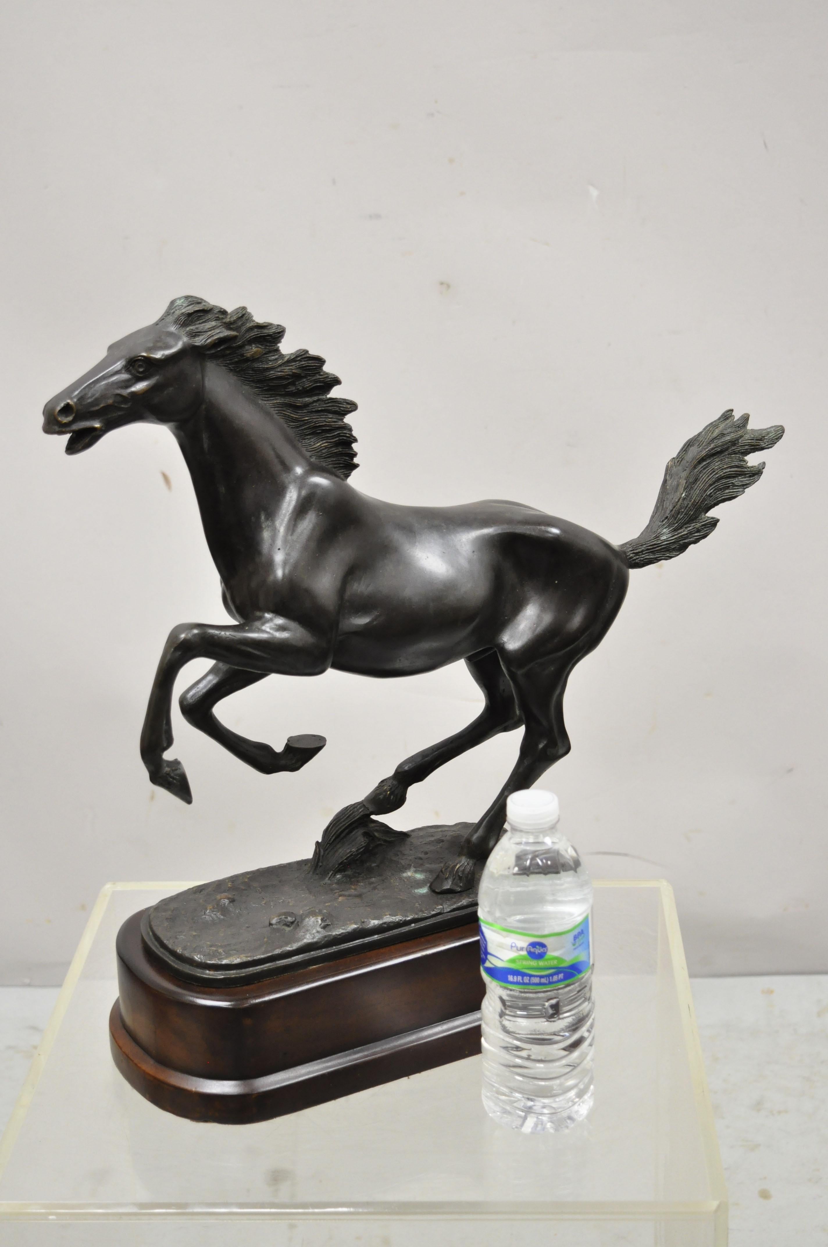 Bronze Rearing Galloping Running Horse Statue Sculpture on Wooden Base 3