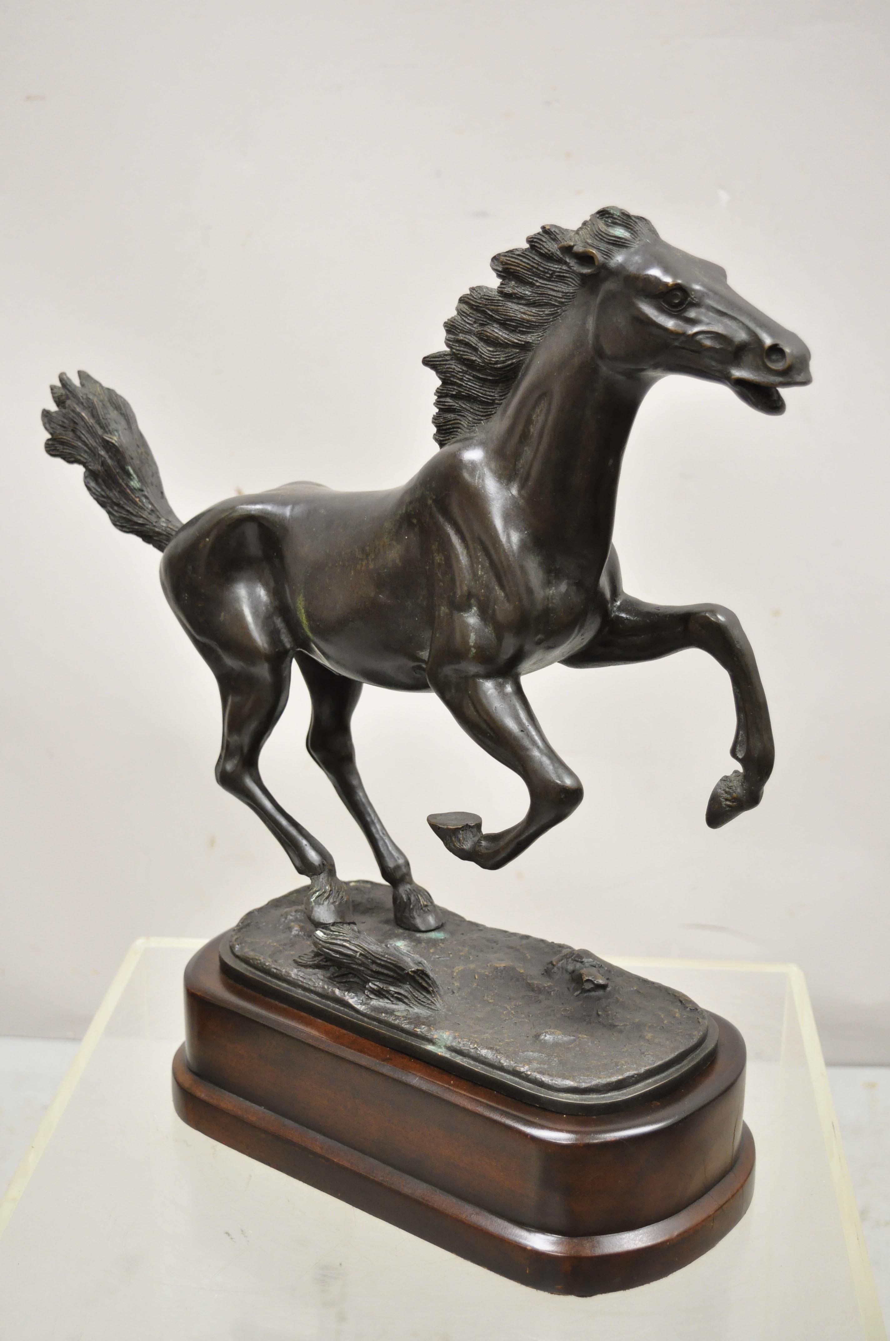 Bronze Rearing Galloping Running Horse Statue Sculpture on Wooden Base 5