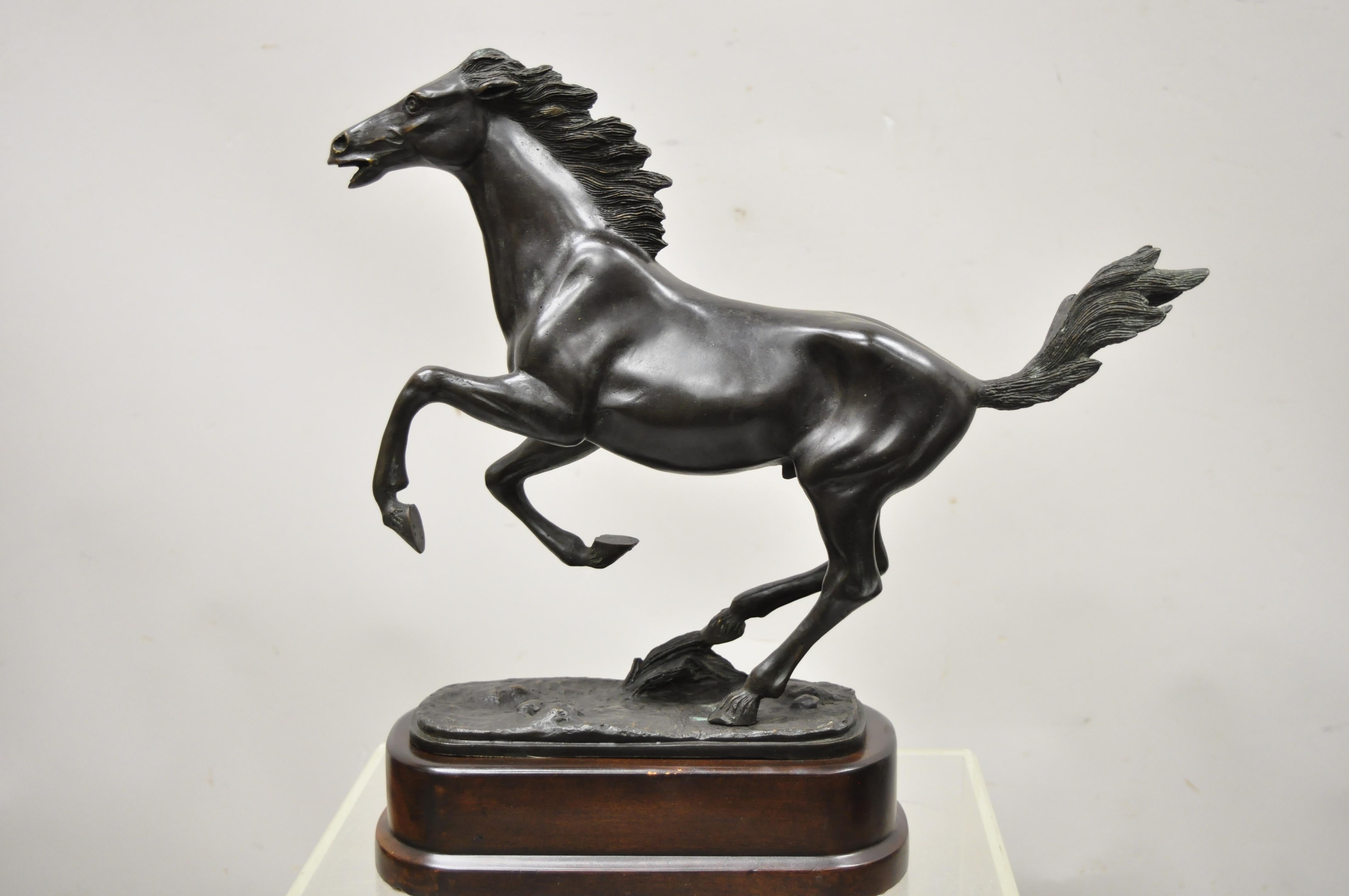 Bronze Rearing Galloping Running Horse Statue Sculpture on Wooden Base In Good Condition In Philadelphia, PA