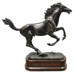 Bronze Rearing Galloping Running Horse Statue Sculpture on Wooden Base