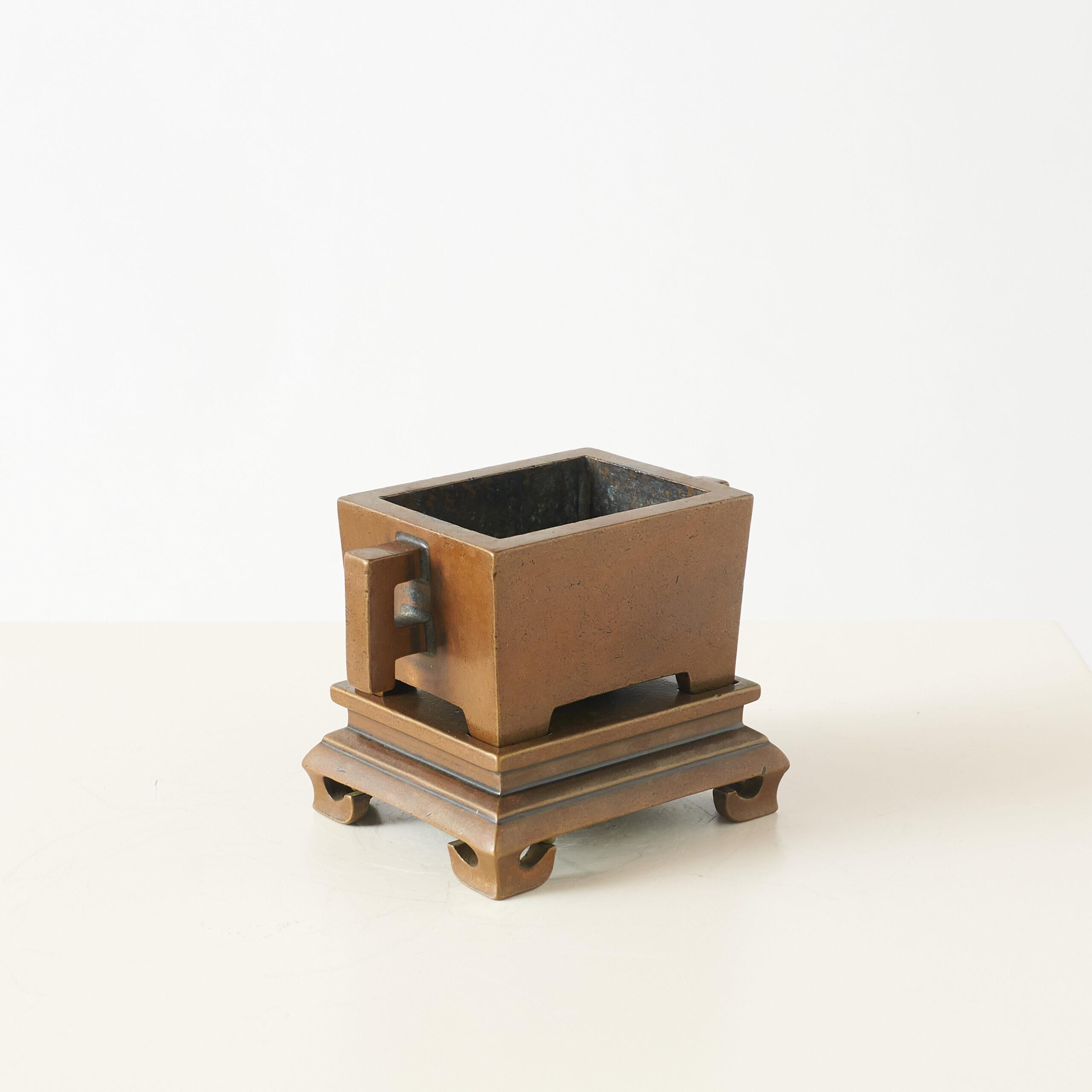 Bronze Rectangular Censer on Footed Stand