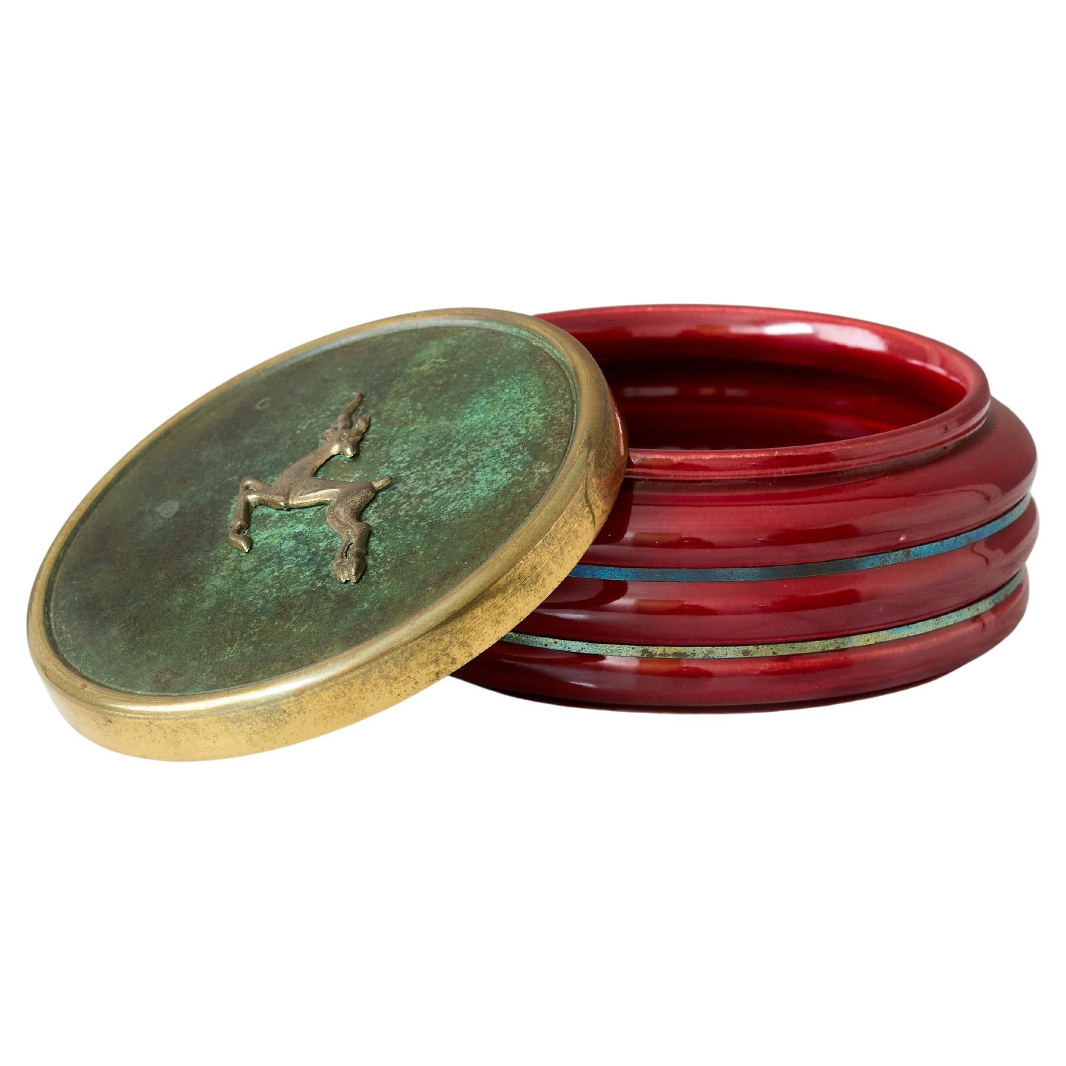 Bronze & Red Ceramic Art Deco Jewelry Box by Dansk Metalkunst. Denmark, 1930s.