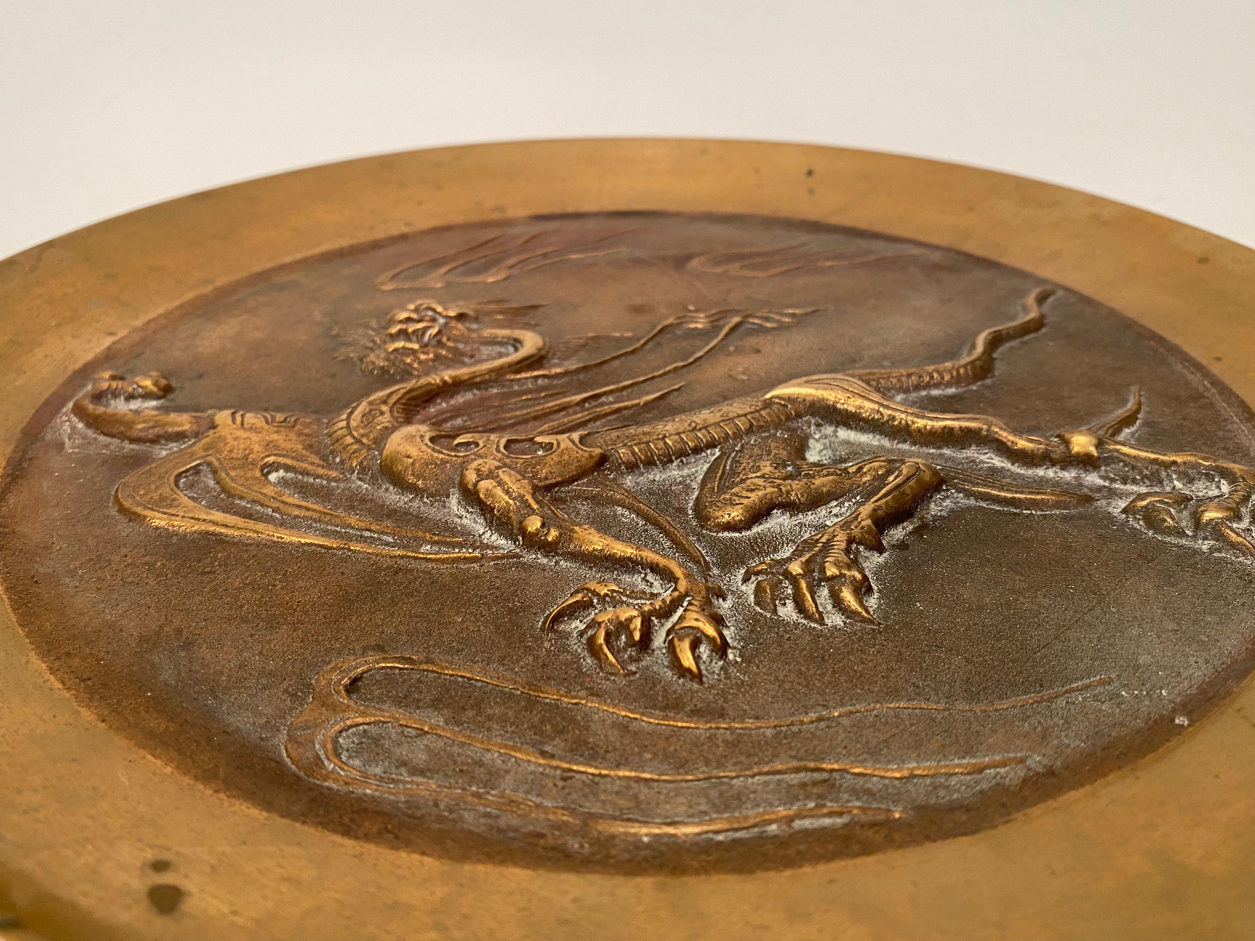 20th Century Bronze Relief Chinese Dragon Plate