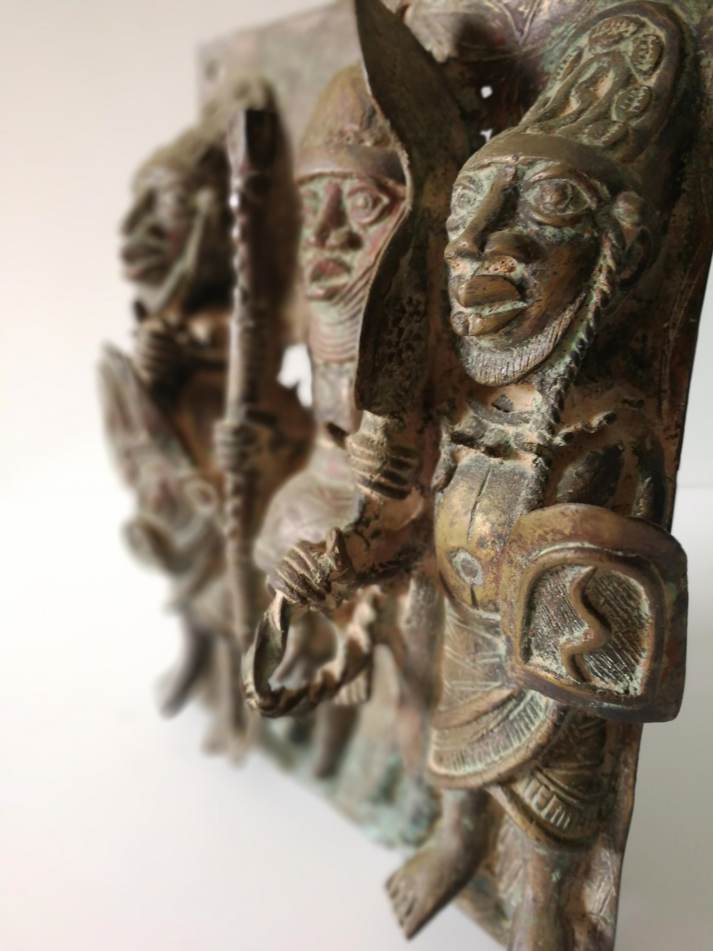 20th Century Bronze Relief Sculpture, Oba Warrior King on Horseback, Benin, 1900s