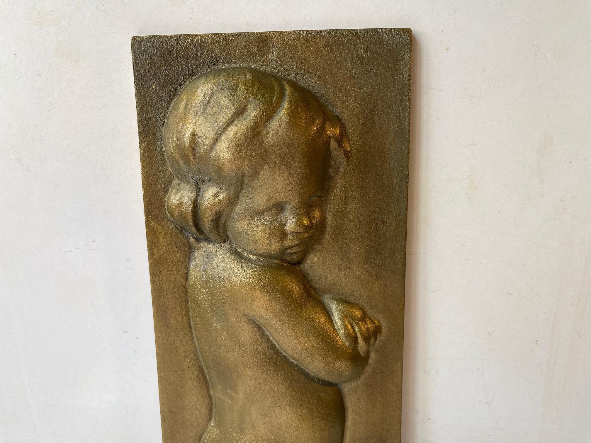 Cast Bronze Relief Wall Plaque of Infant Girl, Scandinavian, 1930s For Sale