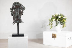 Bronze Renaissance-Inspired David Head Sculpture on Black Marble Base