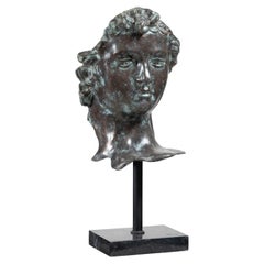 Bronze Renaissance-Inspired David Head Sculpture on Black Marble Base