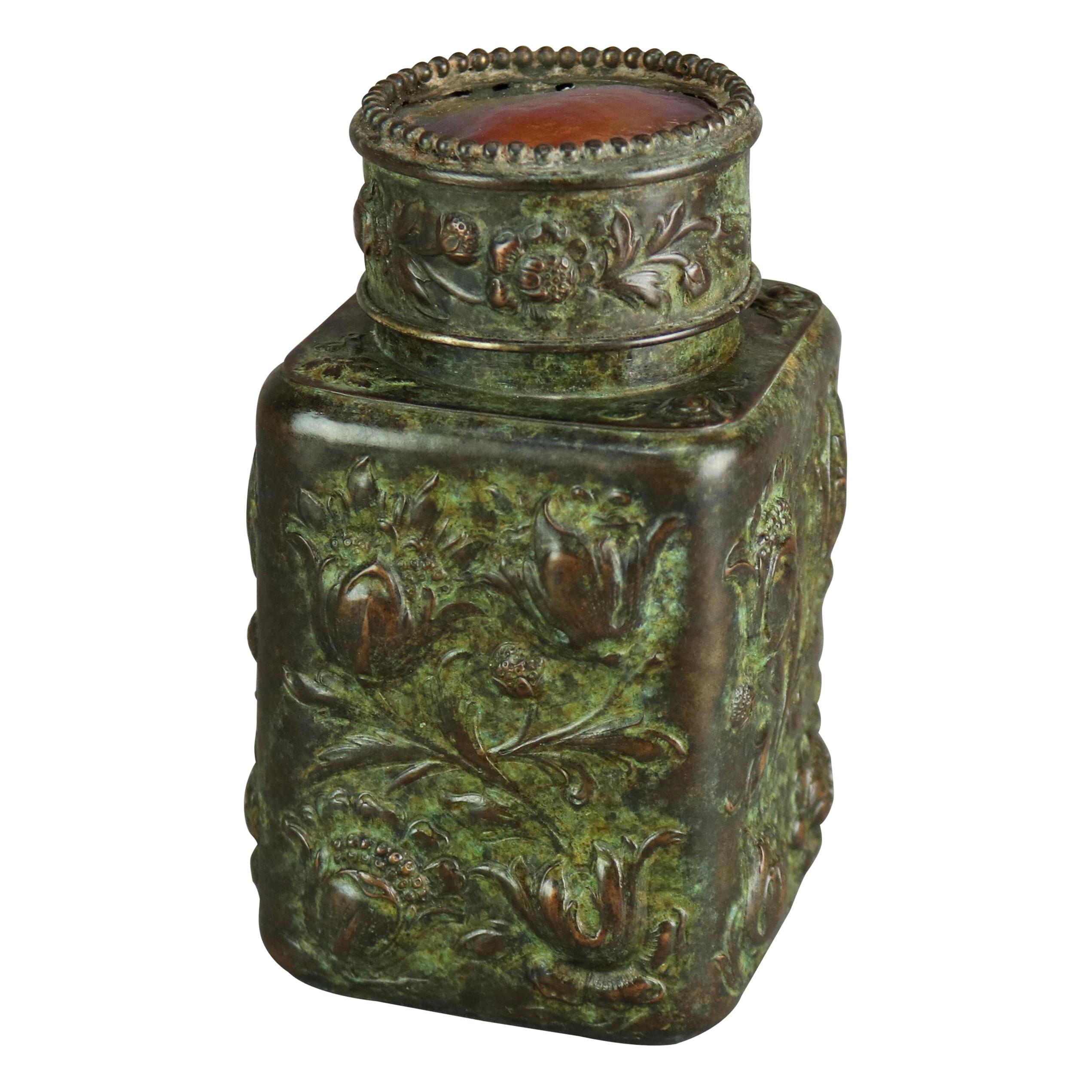 Bronze Repousse & Art Glass Tobacco Jar After Tiffany, 20th C
