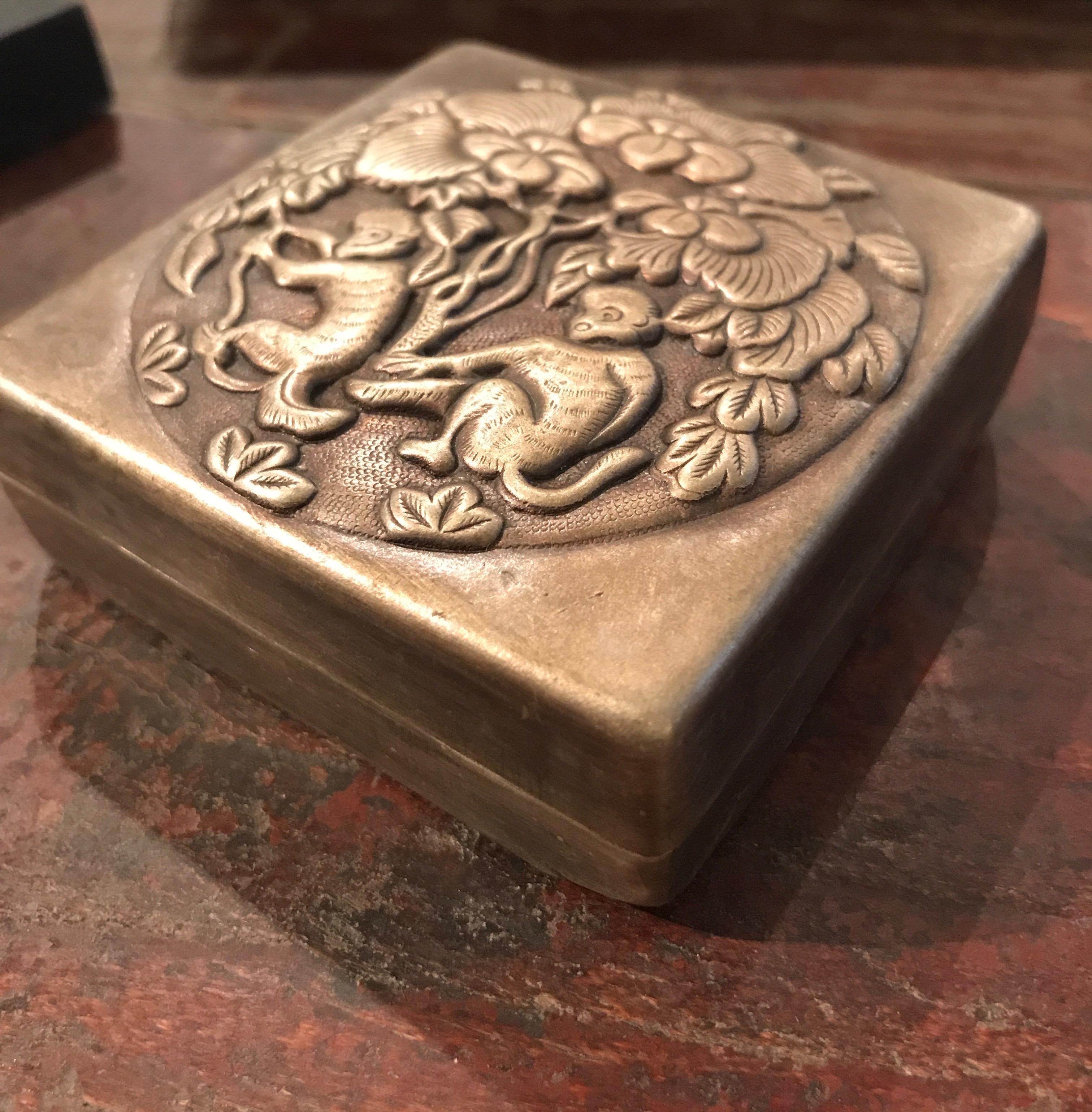 Bronze Repousse Ink Box with Prancing Monkeys 4
