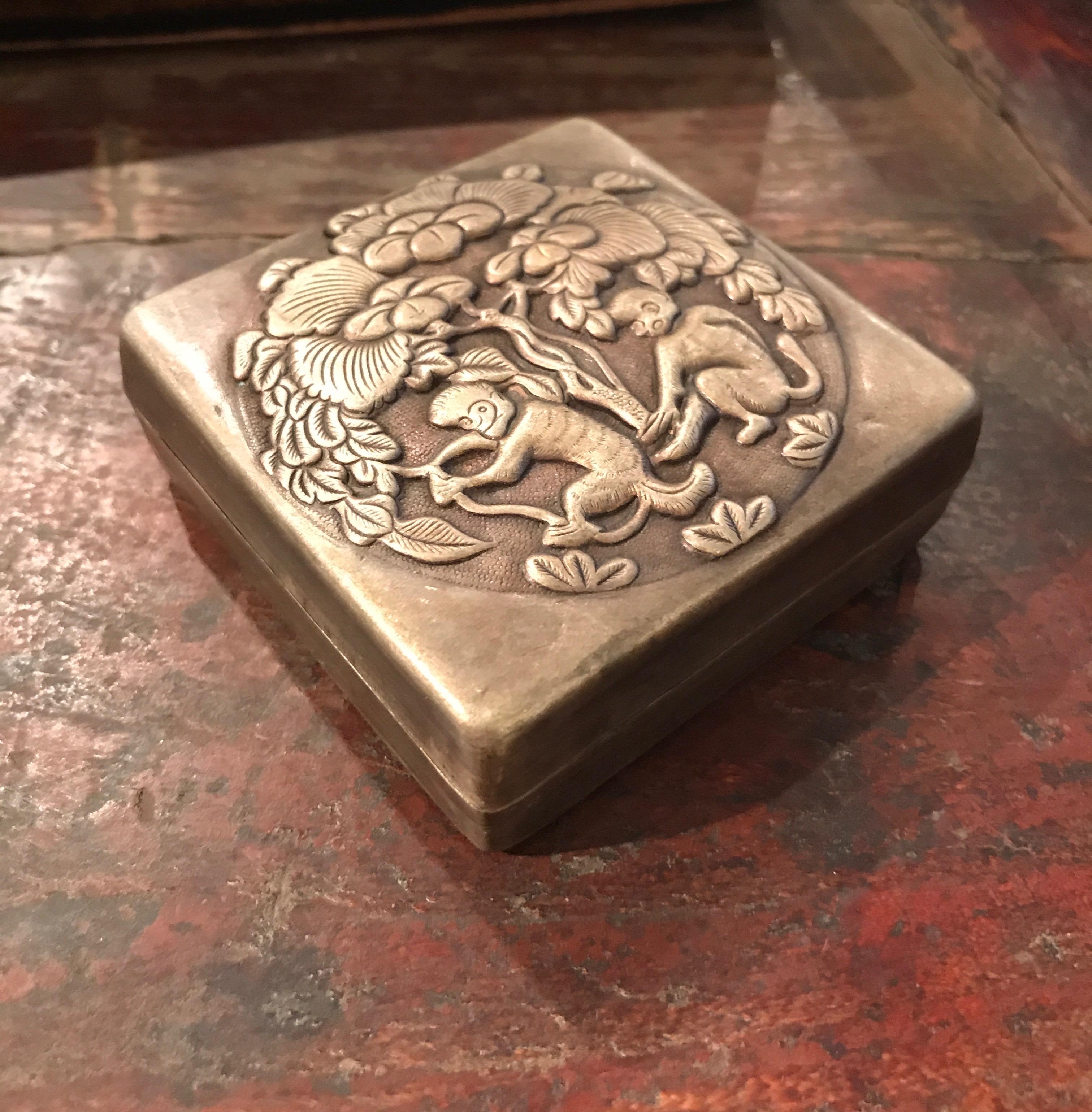 Bronze Repousse Ink Box with Prancing Monkeys 8