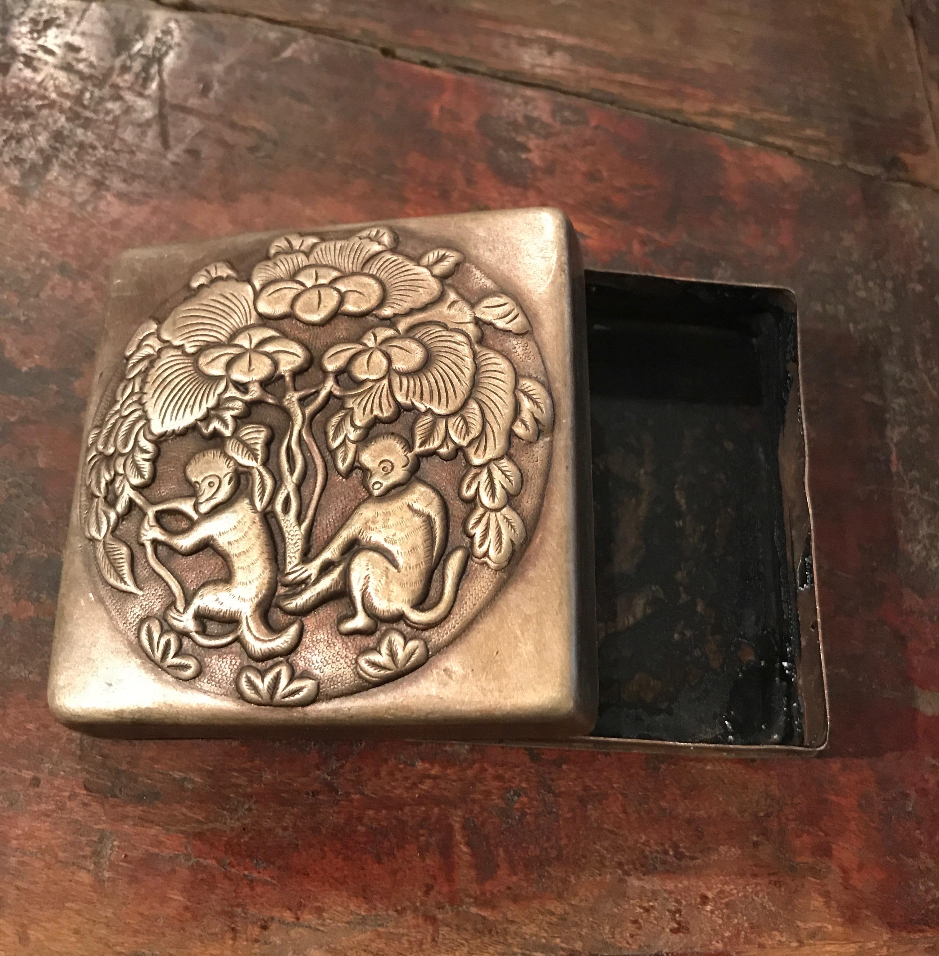 Bronze Repousse Ink Box with Prancing Monkeys 10