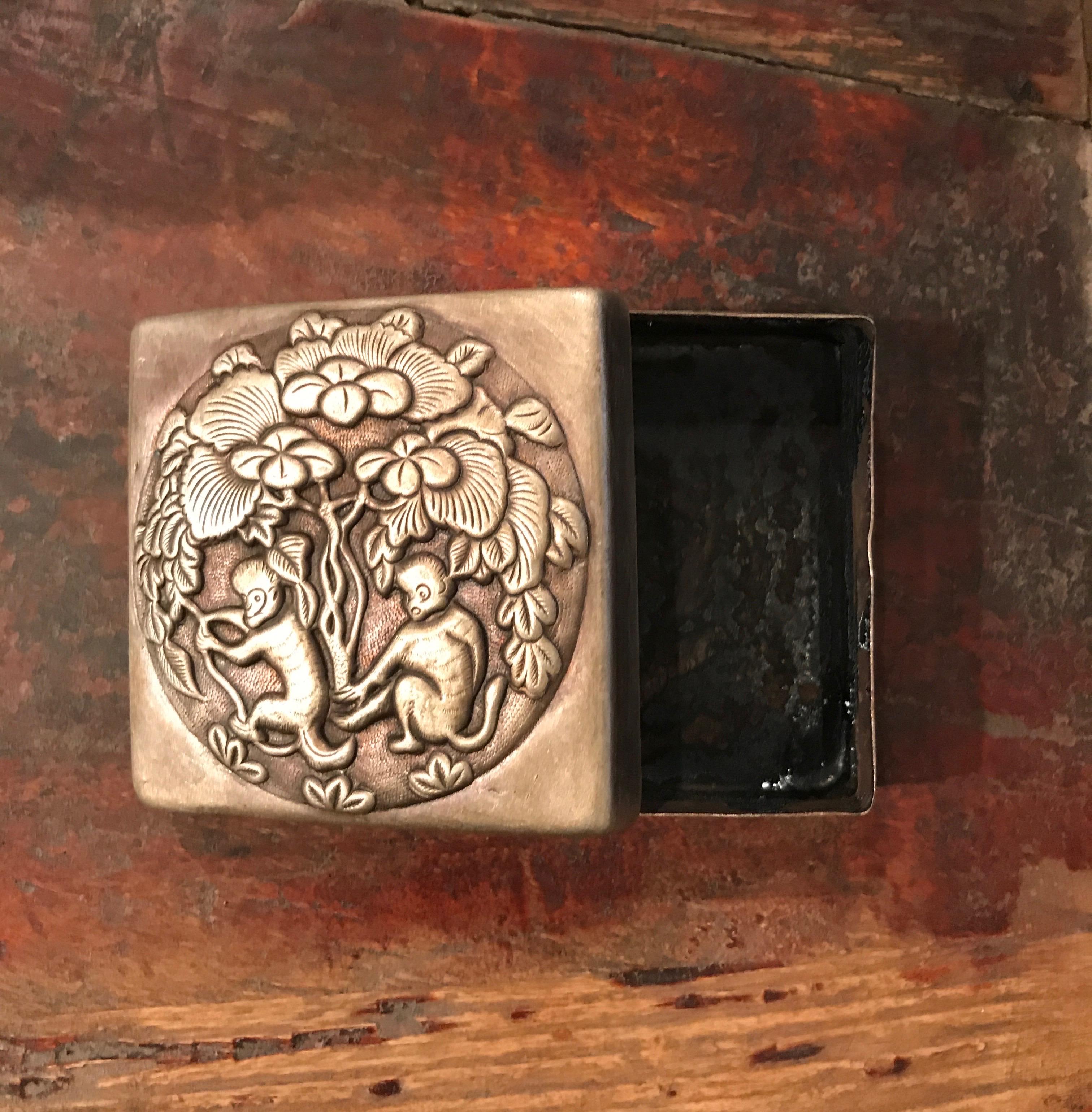 Chinese Bronze Repousse Ink Box with Prancing Monkeys