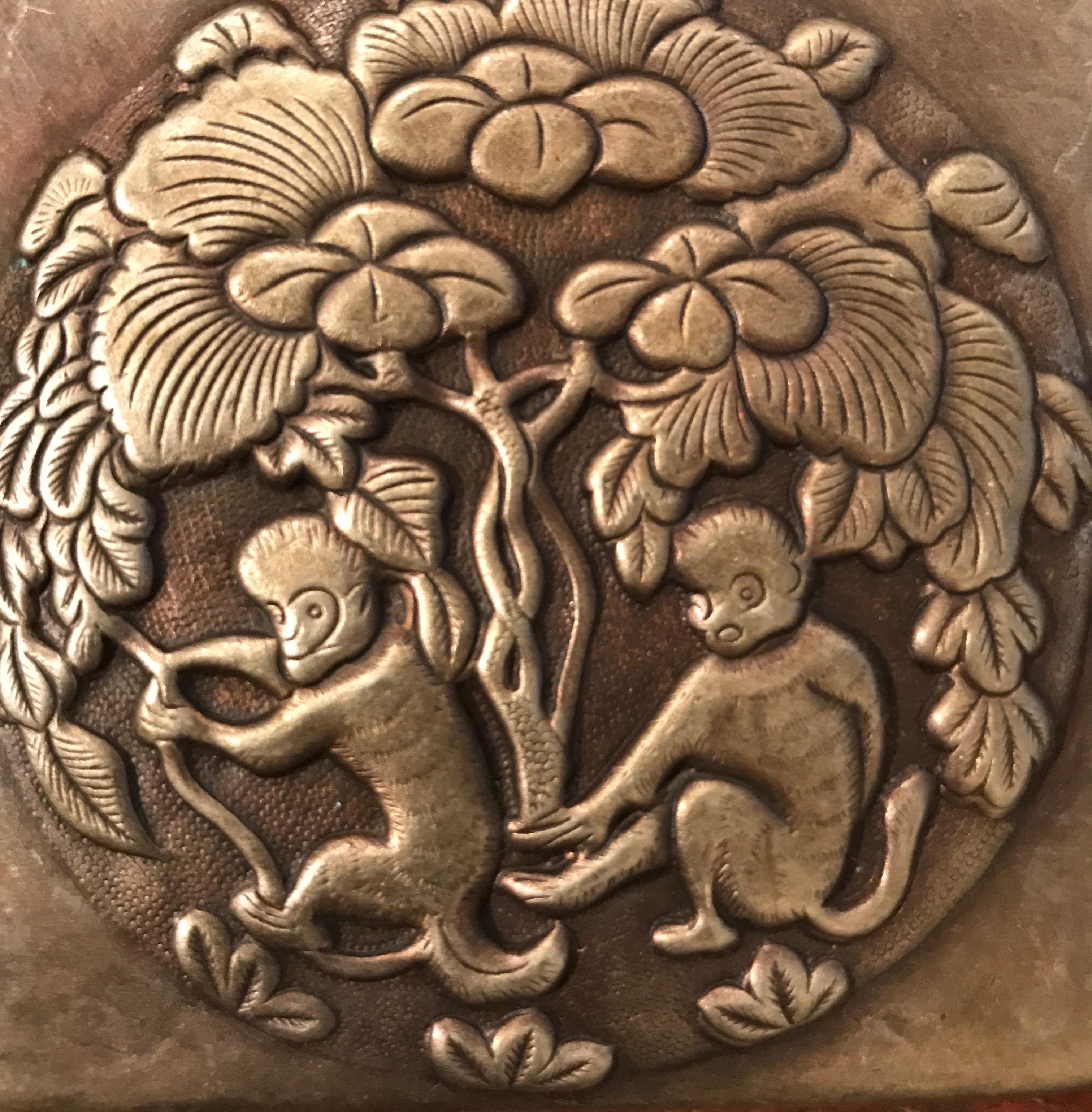 Repoussé Bronze Repousse Ink Box with Prancing Monkeys