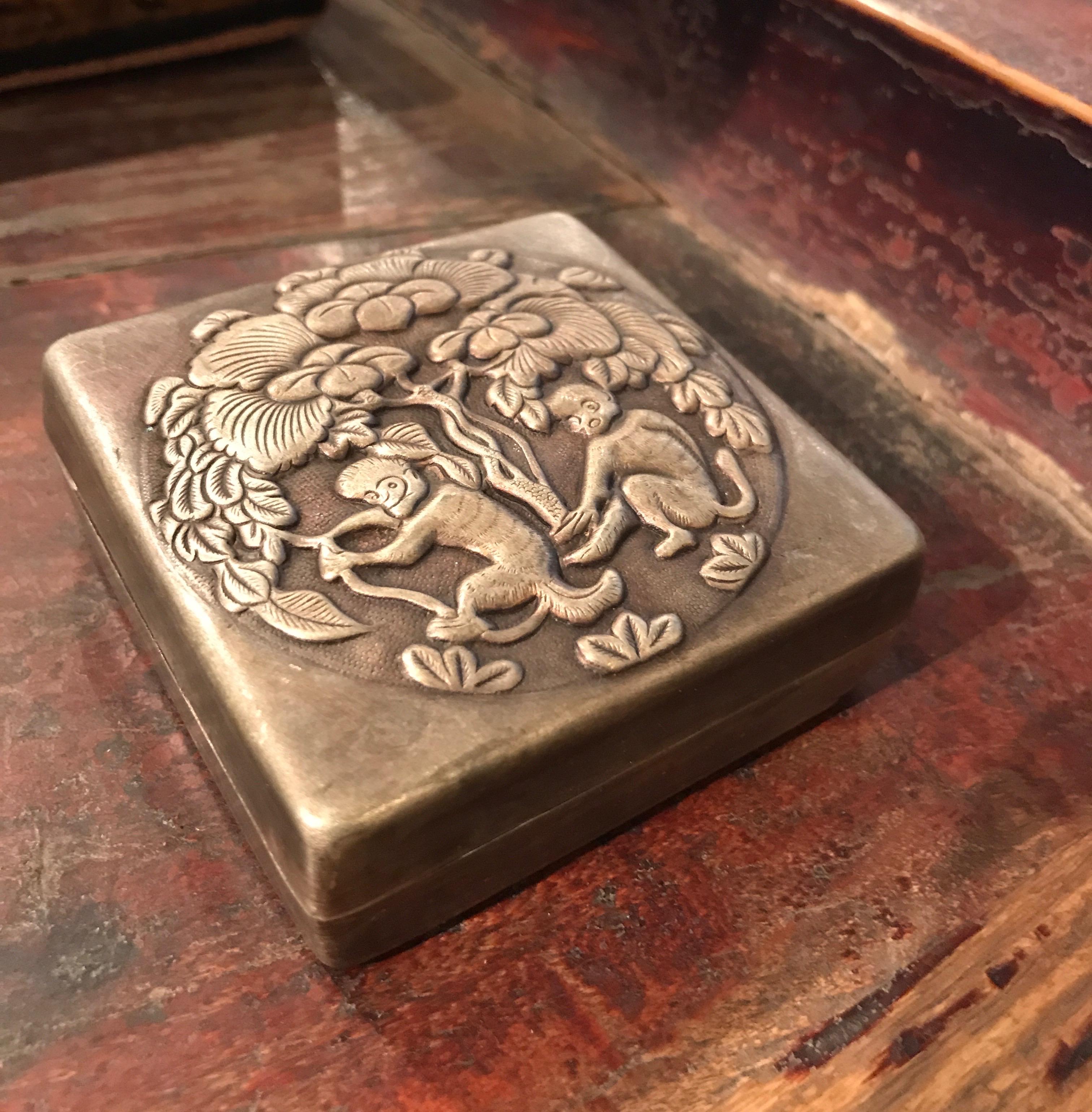 Bronze Repousse Ink Box with Prancing Monkeys In Good Condition In New York, NY