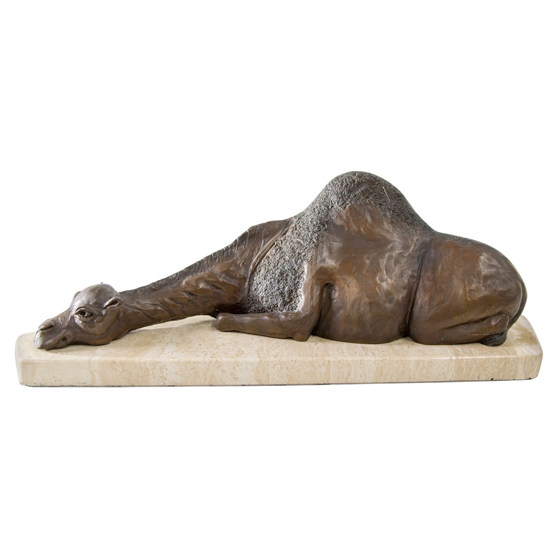 Sculpture en bronze représentant un chameau au repos sur un Stand en marbre Ecole française en vente