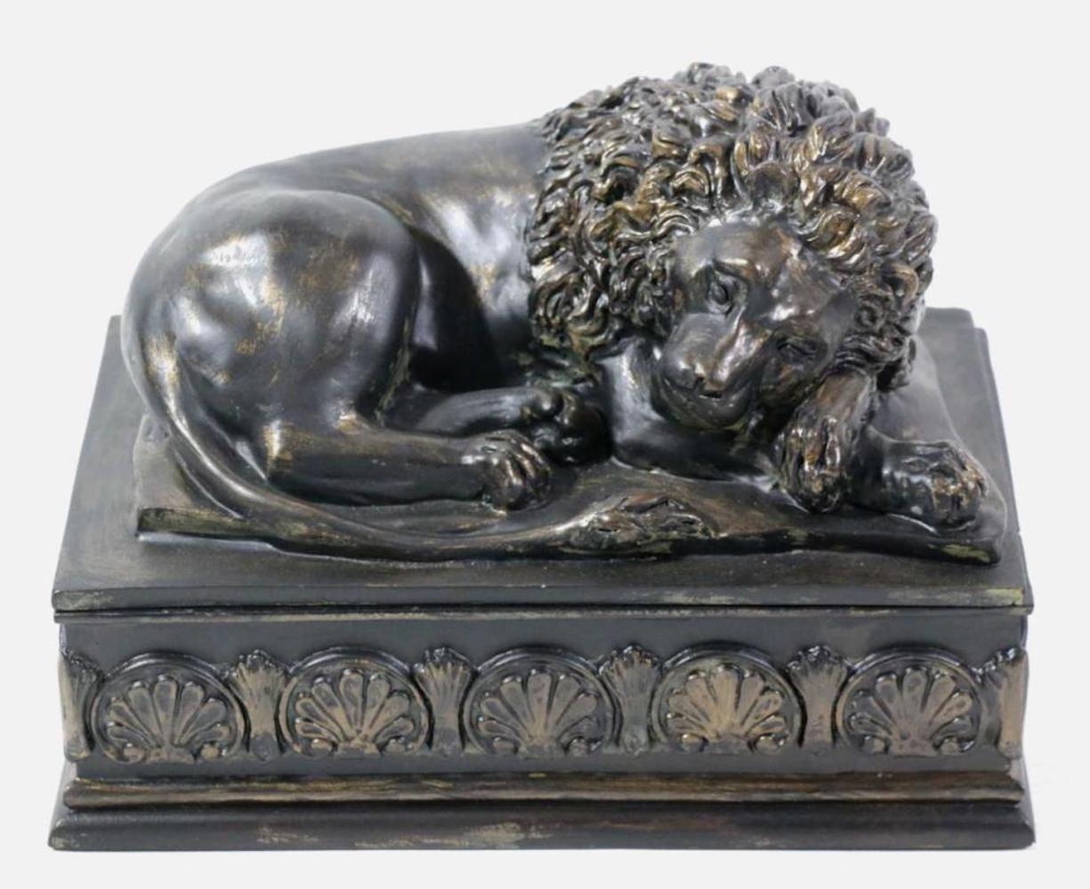 Bronze Resting Lion on Plinth Based Box In Excellent Condition In Washington Crossing, PA