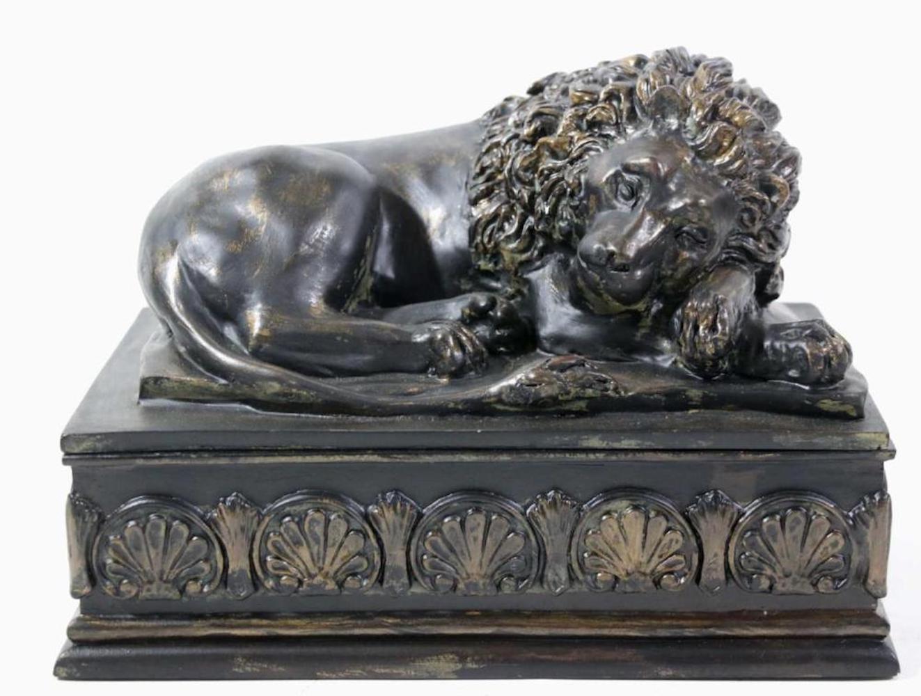 20th Century Bronze Resting Lion on Plinth Based Box