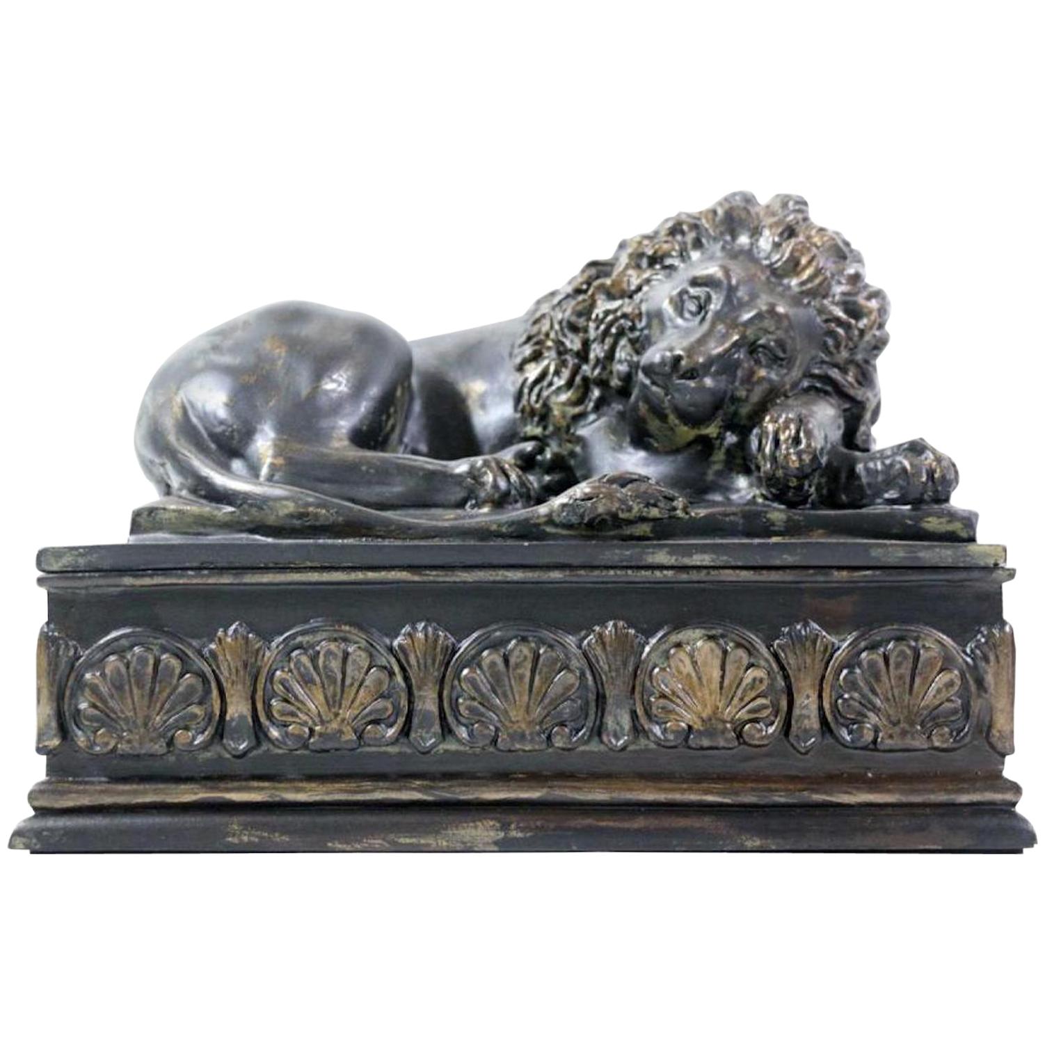 Bronze Resting Lion on Plinth Based Box