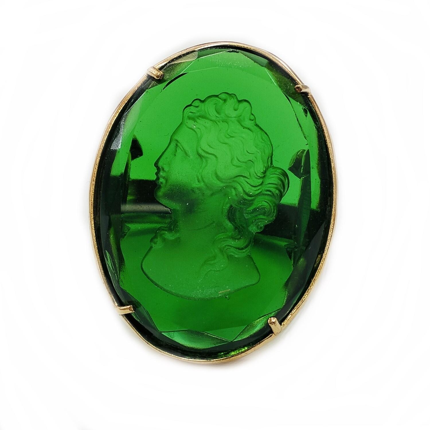 Artisan Bronze ring embellished with 24 KT gold plating, with Green  Muranoglass Cameo For Sale