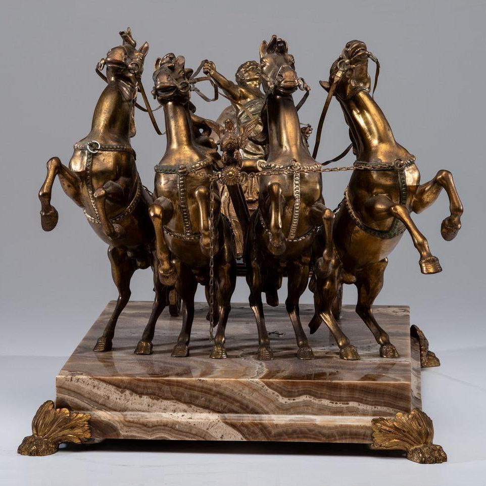 Fine quality Italian bronze Roman chariot sculpture on onyx base.