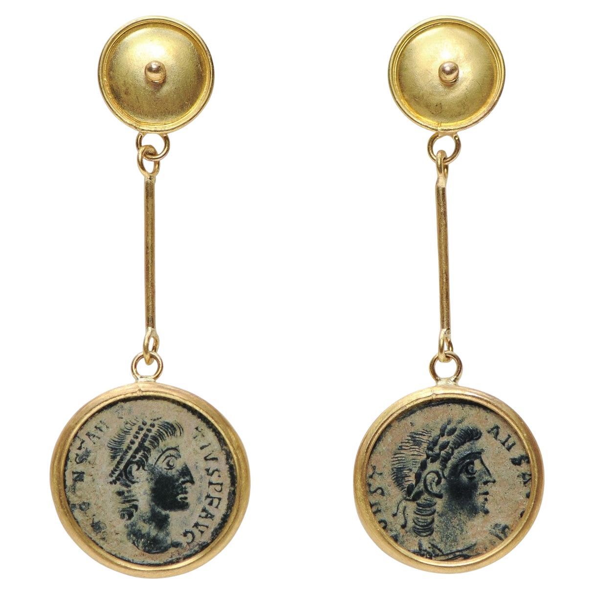 Bronze Roman Coins as earrings w 21K gold
