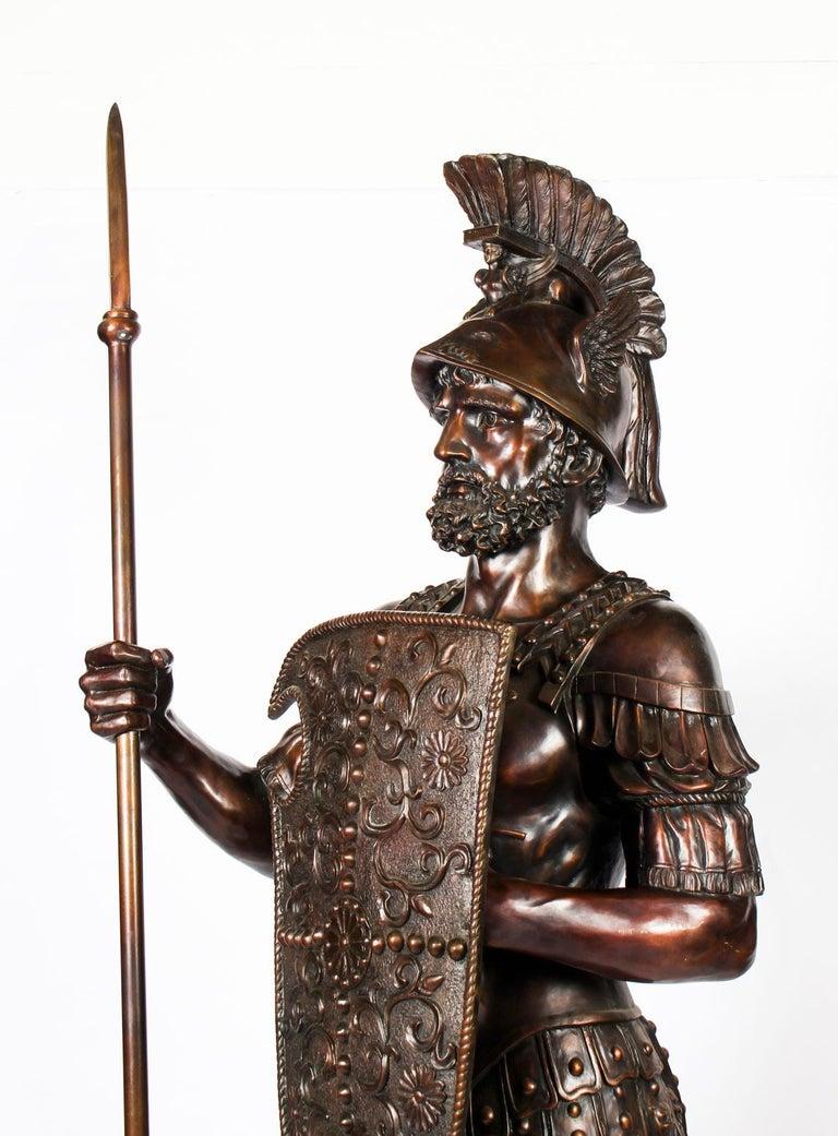 Absolutely stunning bronze Roman gladiator, 20th century, measuring over seven feet tall. Immense and absolutely stunning and more impressive in flesh. Patina is superb and the casting is amazing. Can live outside with no fear of rusting as bronze.