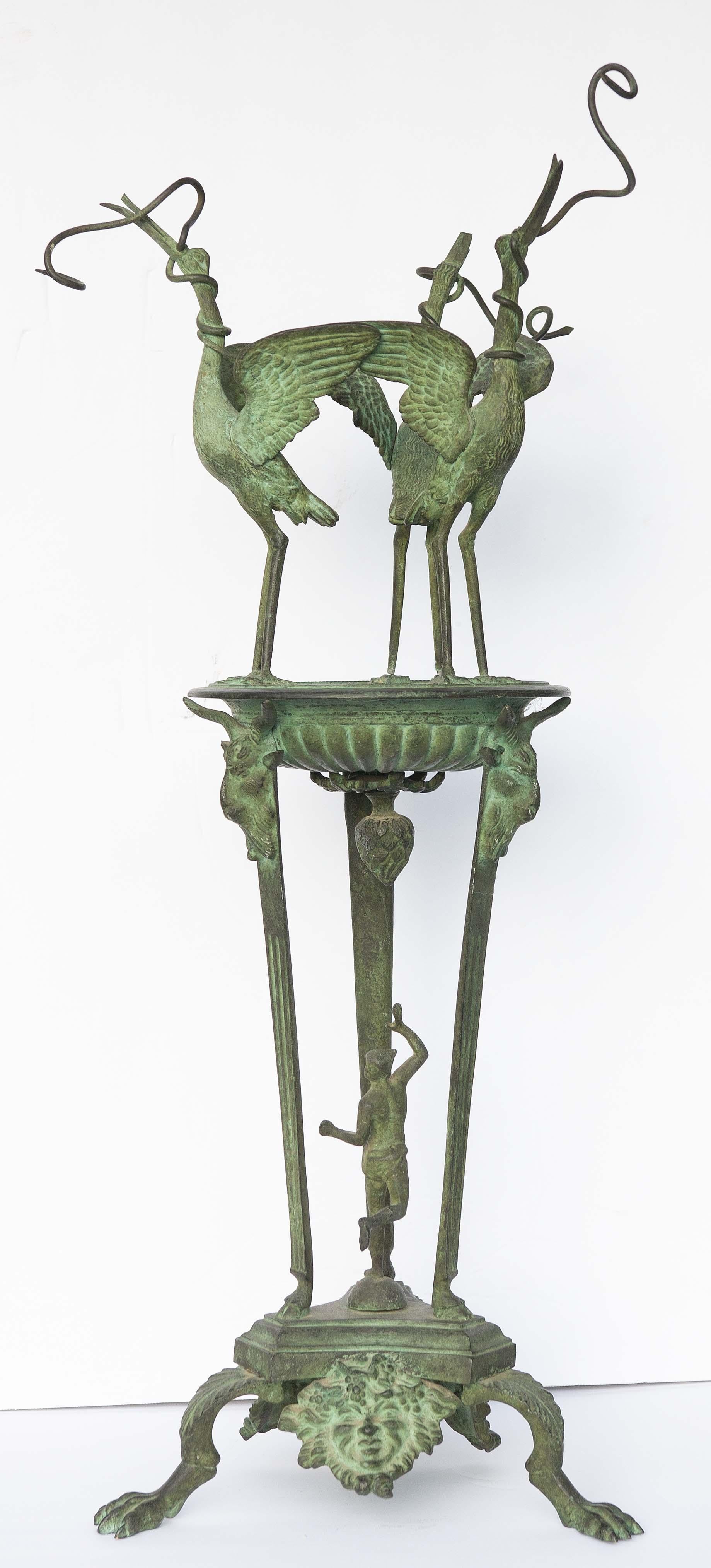 Italian Bronze Roman Oil Lamp Mercury and Flying Cranes Grand Tour For Sale