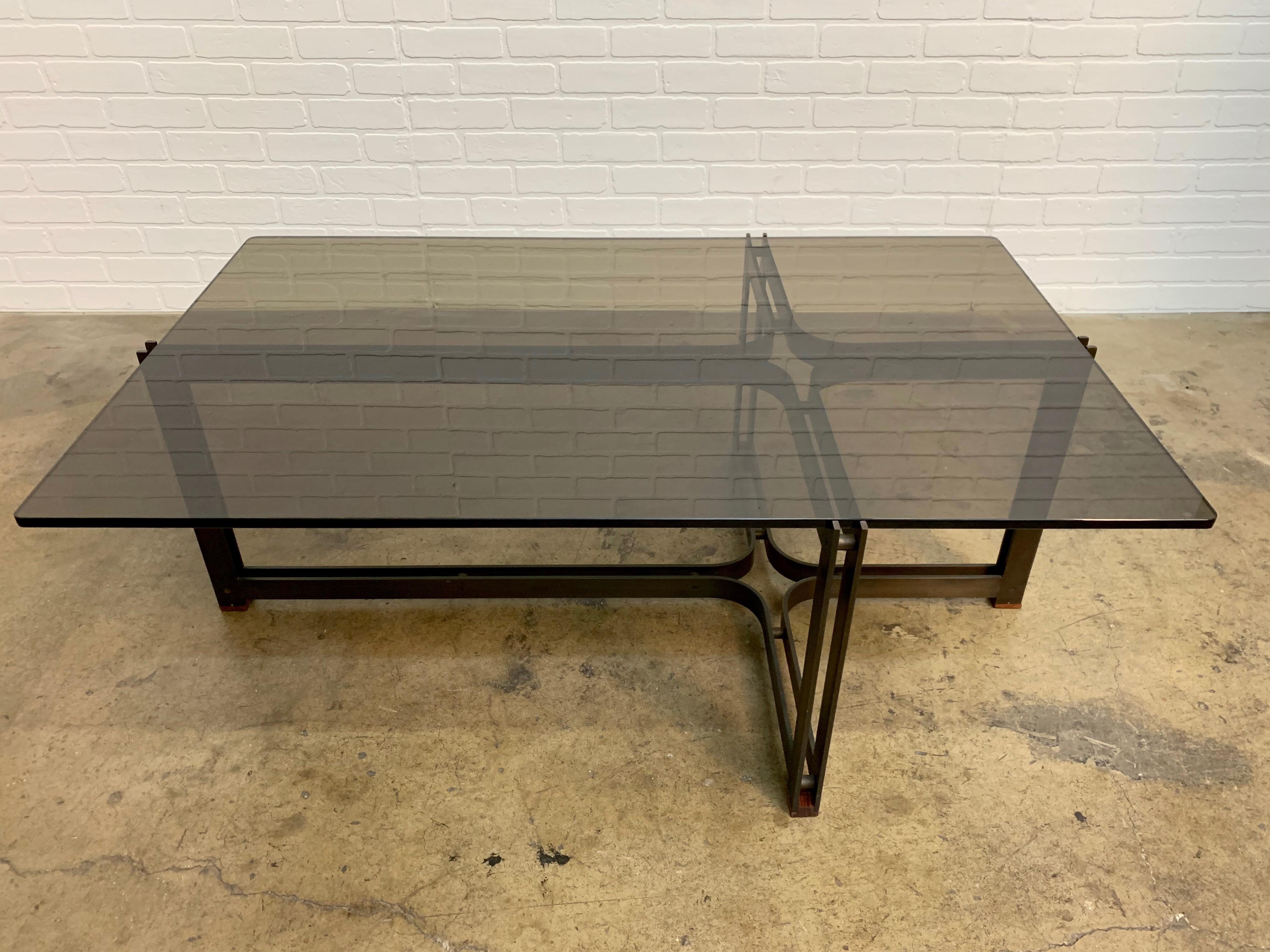Bronze, Rosewood and Smoked Glass Coffee Table by Tom Lopinski for Dunbar For Sale 4