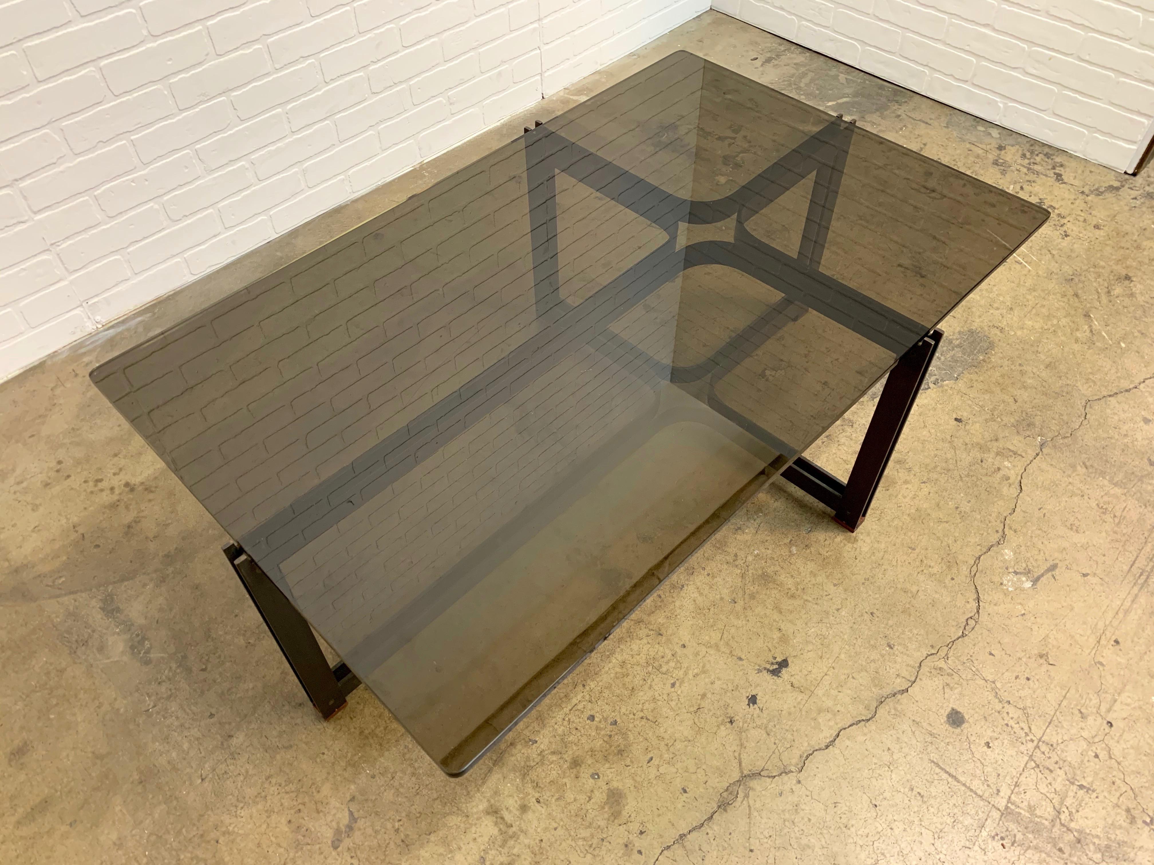 Brushed Bronze, rosewood and smoked glass coffee table by Tom Lopinski for Dunbar.