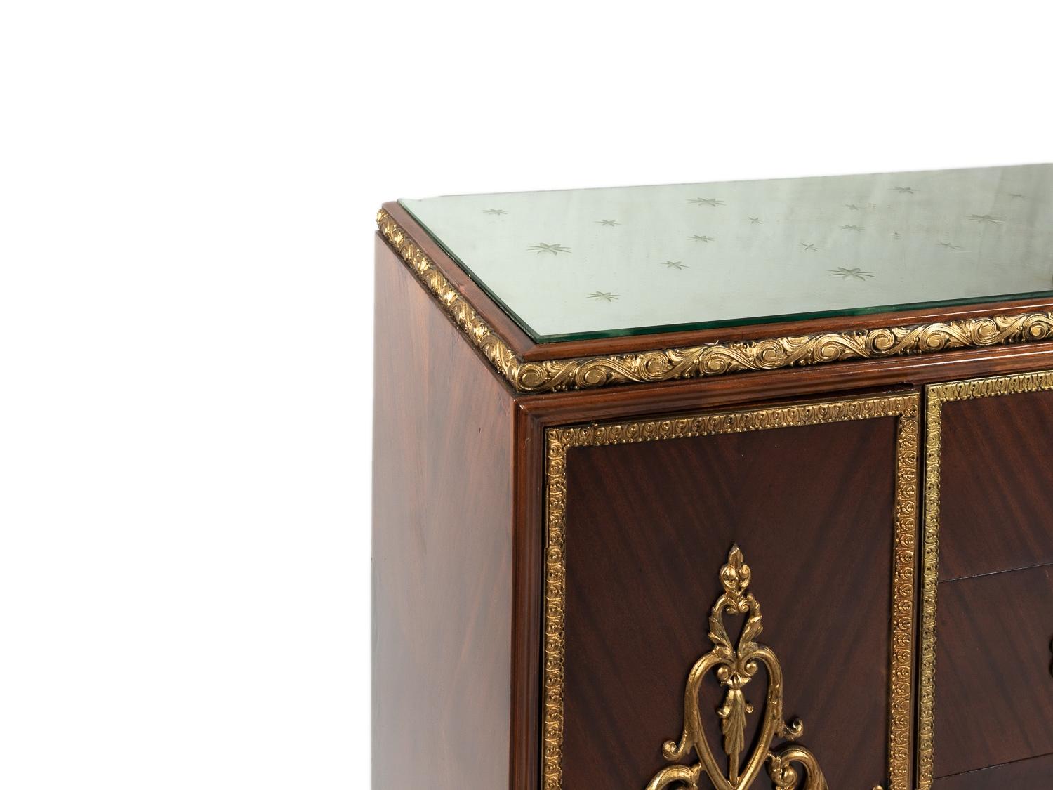 Brass Bronze rosewood chest of drawers Louis XV Fusion Style, 20th Century  For Sale