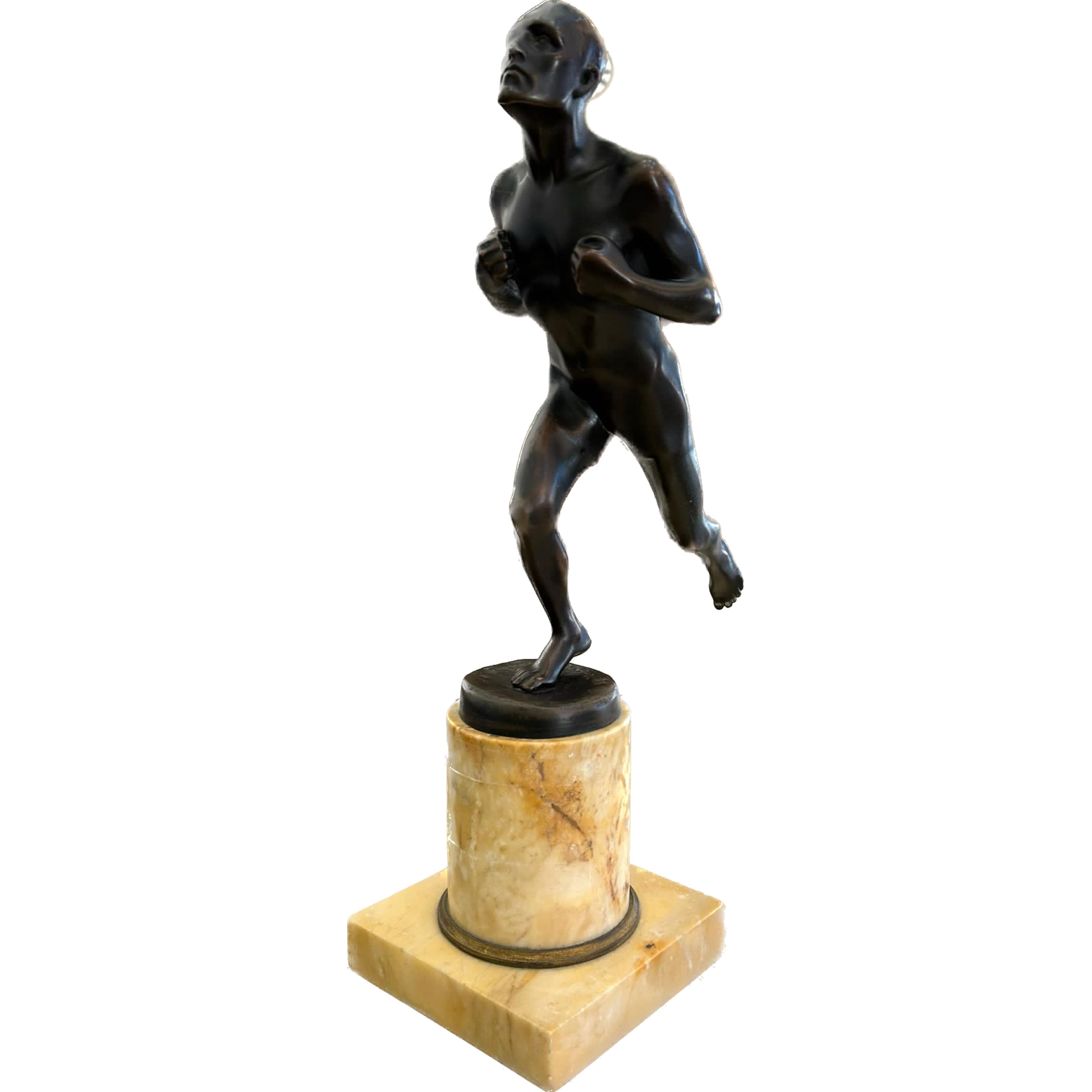 Hans Muller (Austria, 1873-1937) bronze sculpture of a nude male figure, depicted with his hands to his chest and running, mounted on a Sienna marble base. This is a nice present for a runner or for yourself. Signed H. Müller and foundry mark.
This