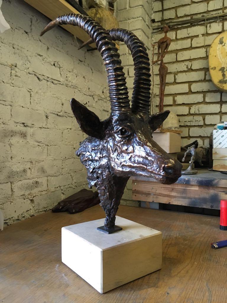 Calco Busto di antilope di zibellino in bronzo - Scultura di antilope africana in vendita