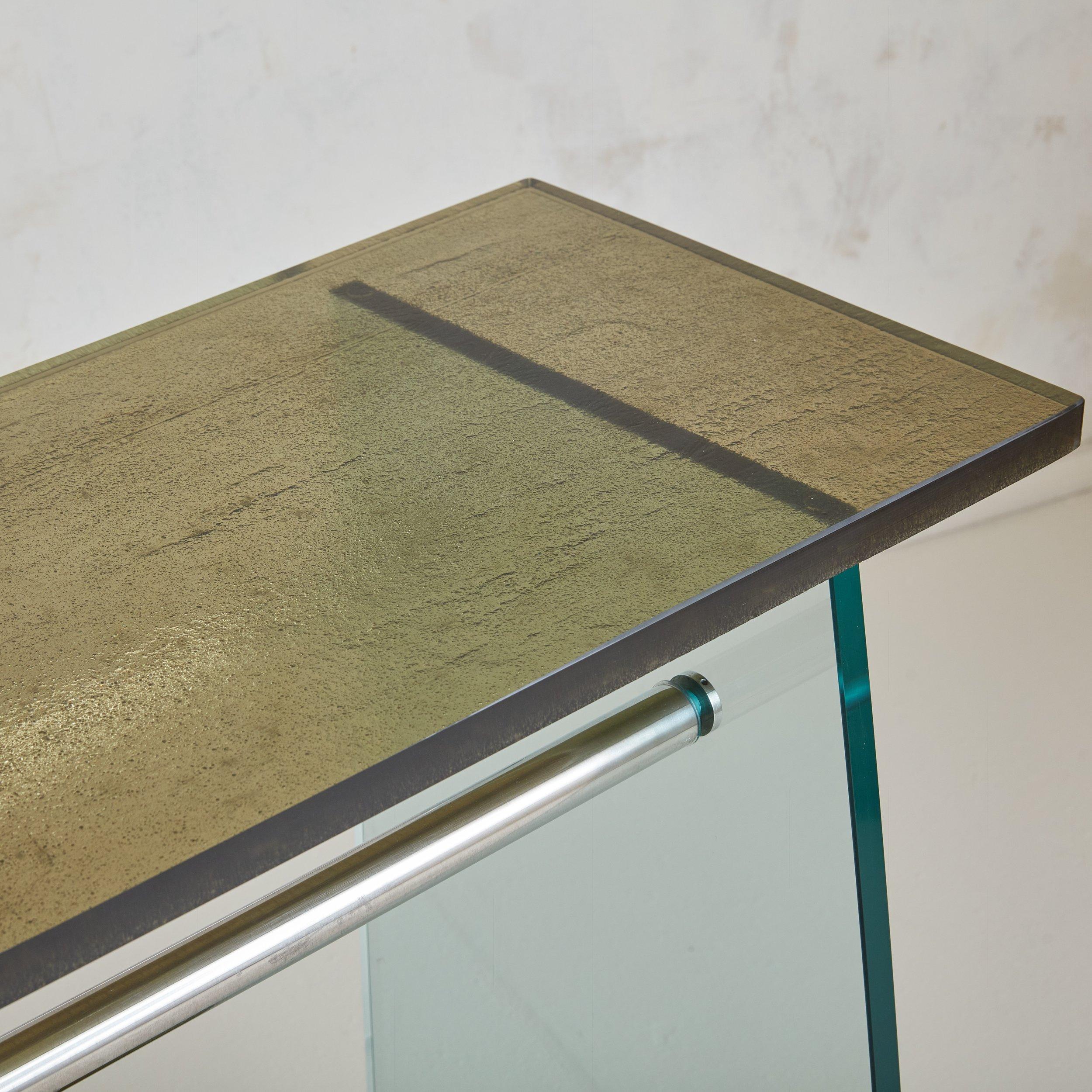 Bronze Saint Gobain Glass Console, France 1979 In Excellent Condition For Sale In Chicago, IL