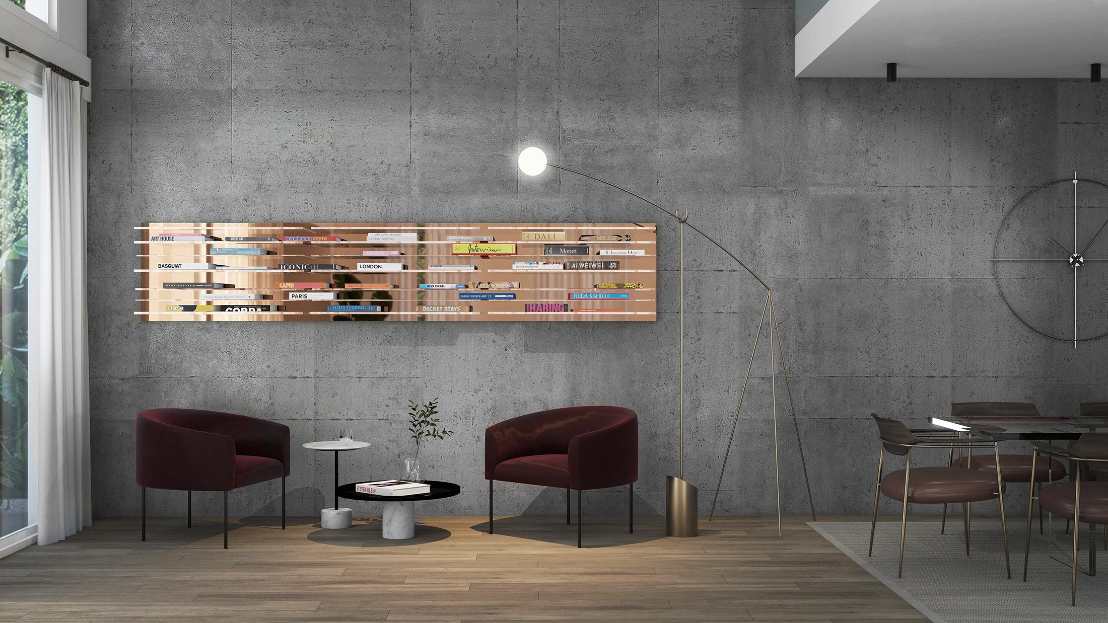Bronze Sapere Bookcase by Migdalia Salazar, Mirror Acrylic Shelf In New Condition For Sale In New York, NY