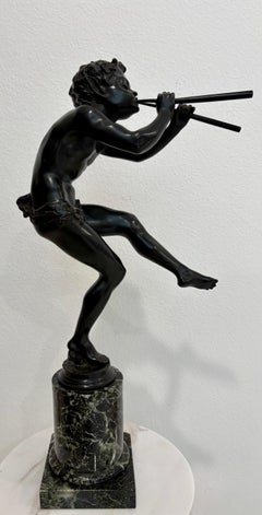 Sculpture Satyre en bronze sur socle en marbre par Edouard Drouot (1859-1949)